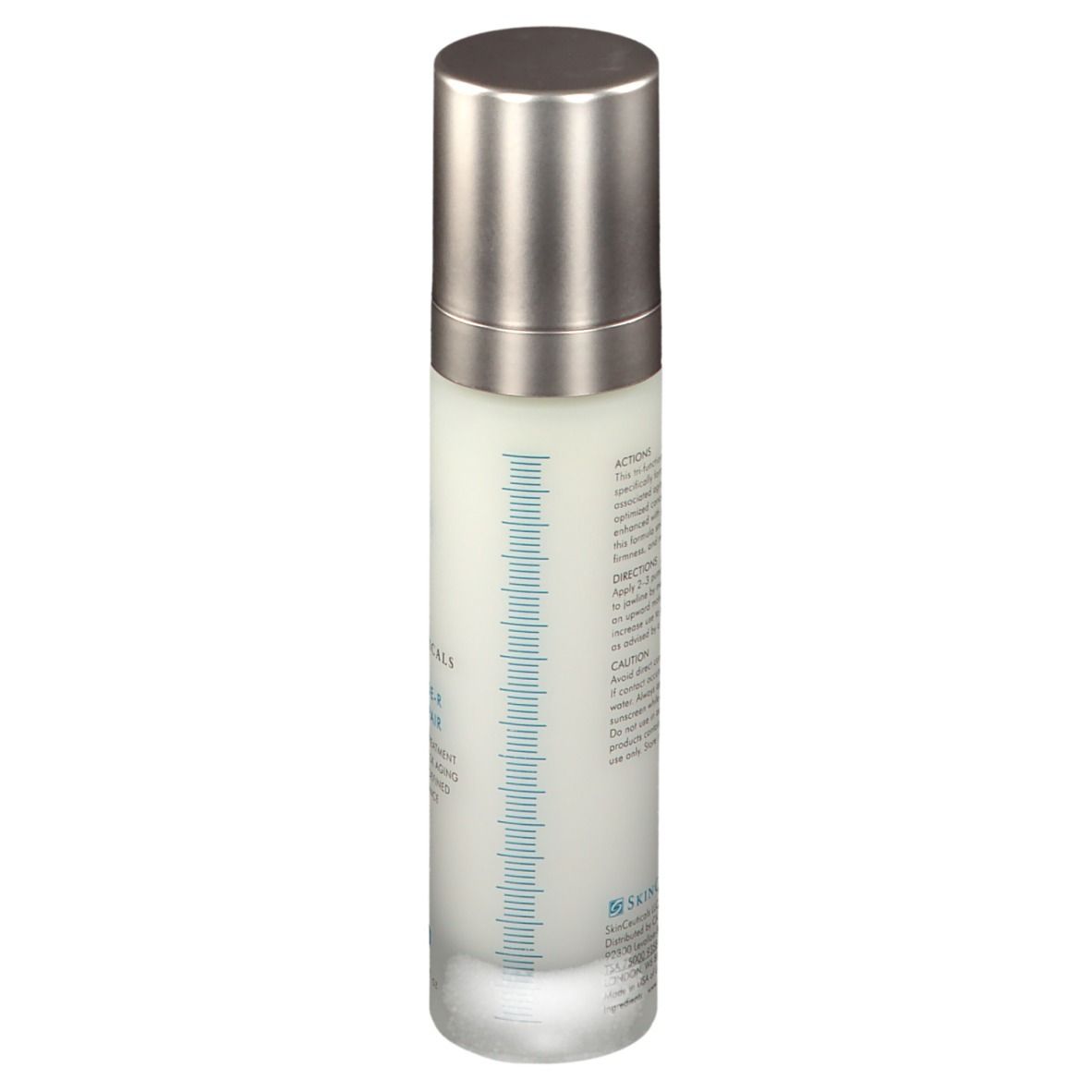 Prodotto per la cura della pelle. SkinCeuticals Tripeptid-R Neck Repair. Flacone bianco, tappo argento. Scritte e logo.
