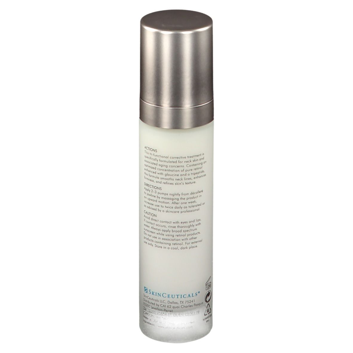 Prodotto per la cura della pelle. SkinCeuticals Tripeptid-R Neck Repair. Flacone bianco, tappo argento. Scritte e logo.