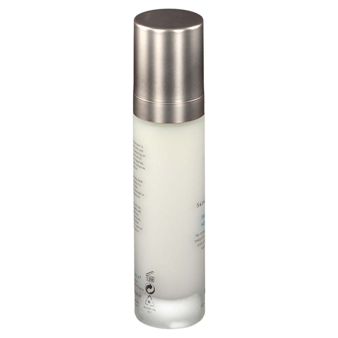 Prodotto per la cura della pelle. SkinCeuticals Tripeptid-R Neck Repair. Flacone bianco, tappo argento. Scritte e logo.