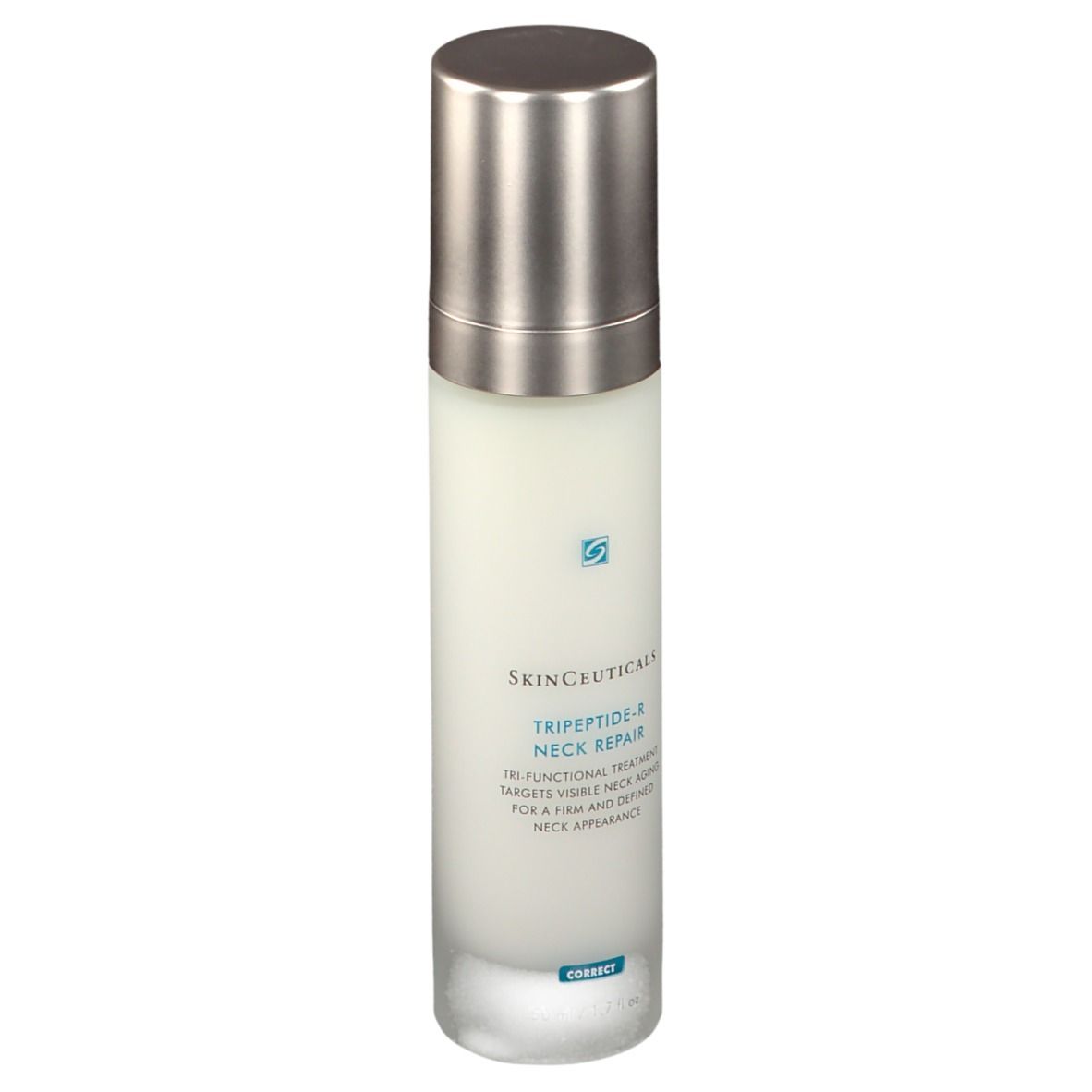 Prodotto per la cura della pelle. SkinCeuticals Tripeptid-R Neck Repair. Flacone bianco, tappo argento. Scritte e logo.