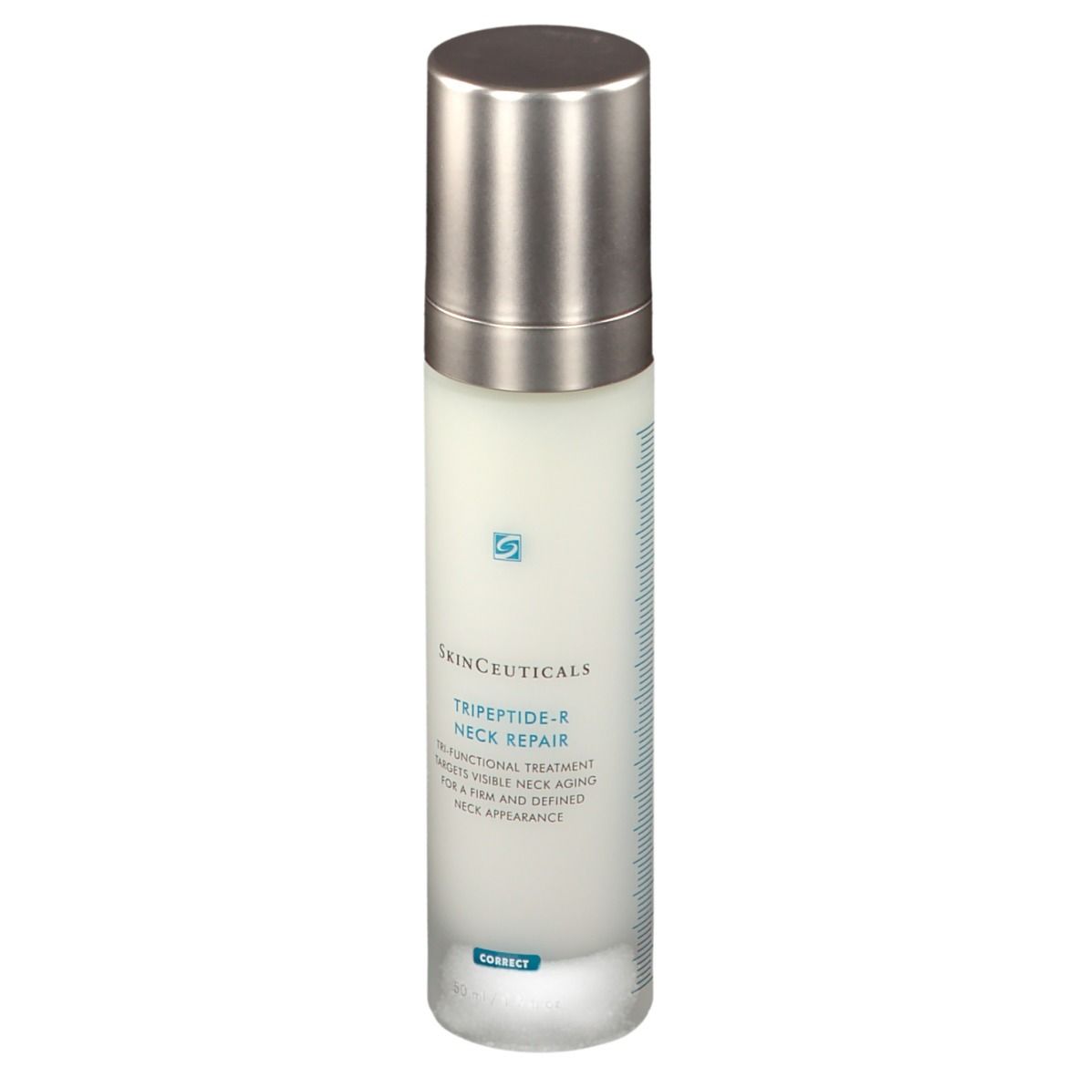 Prodotto per la cura della pelle. SkinCeuticals Tripeptid-R Neck Repair. Flacone bianco, tappo argento. Scritte e logo.