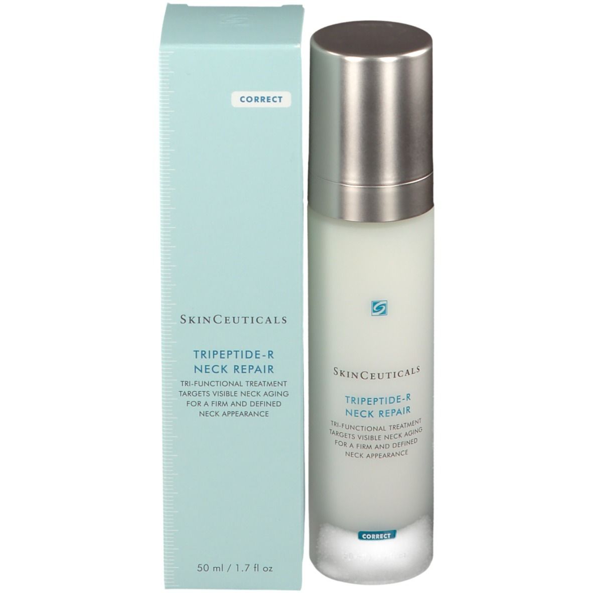 Prodotto per la cura della pelle. SkinCeuticals Tripeptid-R Neck Repair. Flacone e confezione. Scritte e logo.