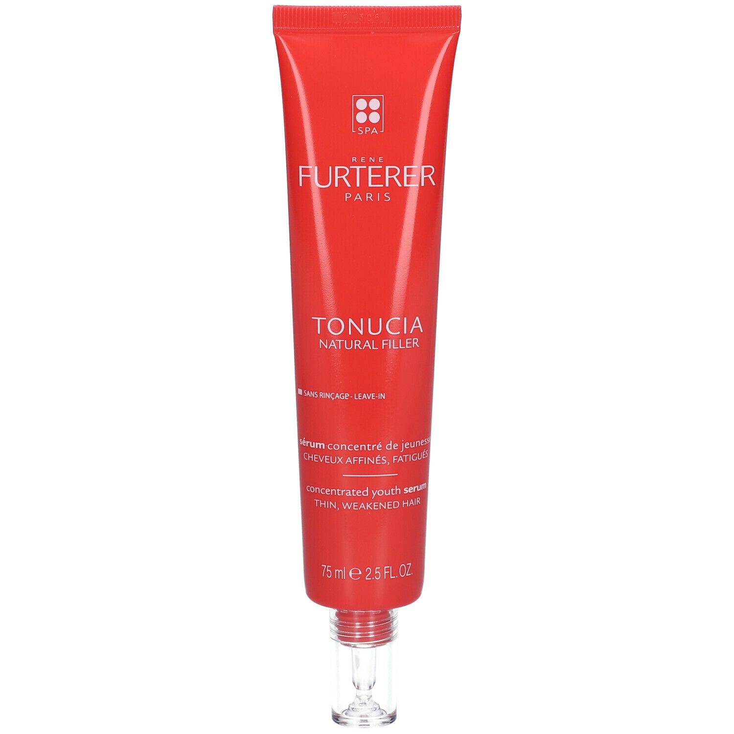 Tubo rosso con nome del prodotto e del marchio. Punta trasparente. Testo multilingue.