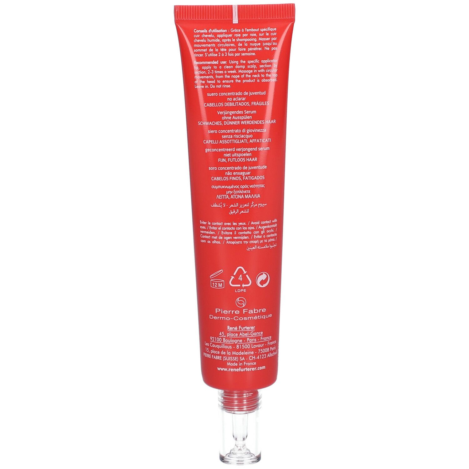Retro del tubo rosso. Testo multilingue. Informazioni del produttore e simboli.