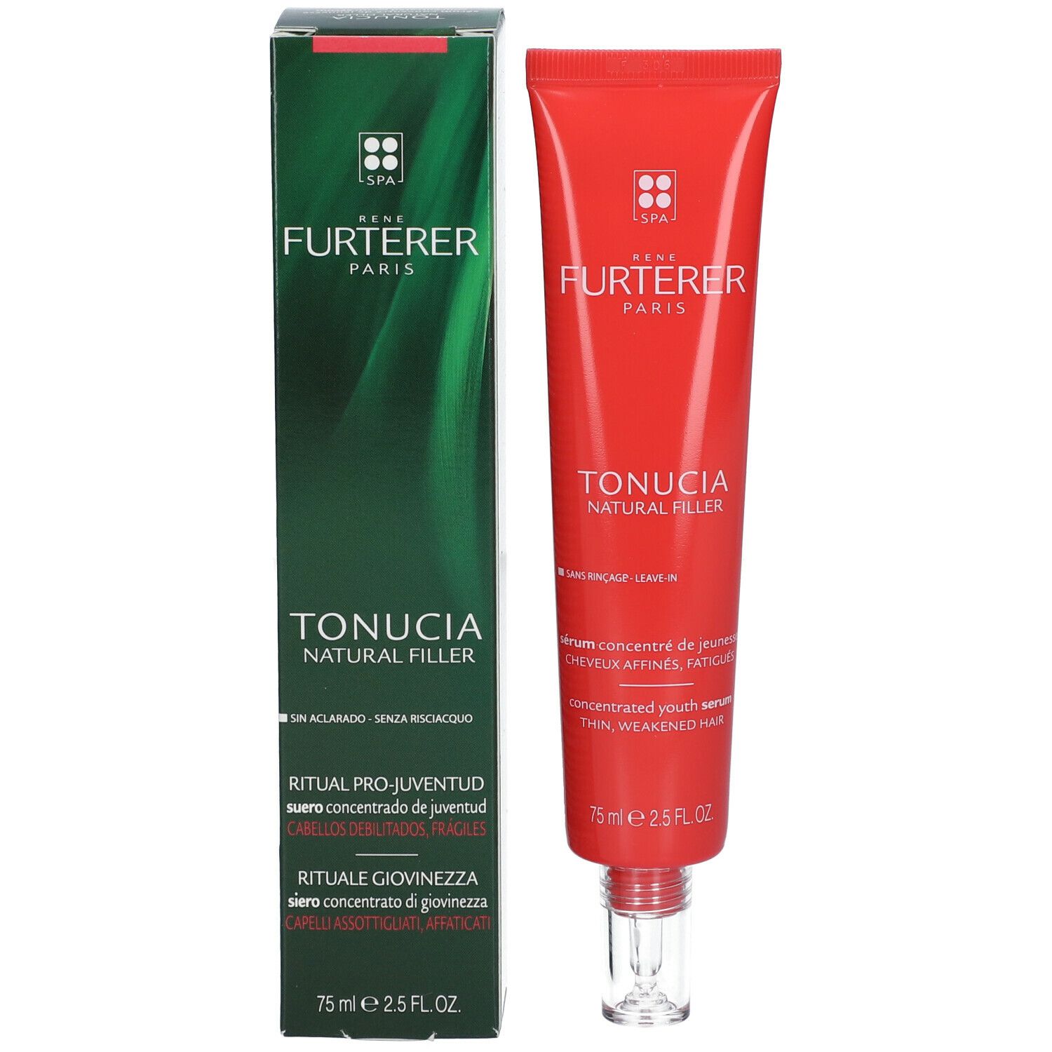 Prodotto e confezione affiancati. Tubo rosso e scatola verde. Testo multilingue.