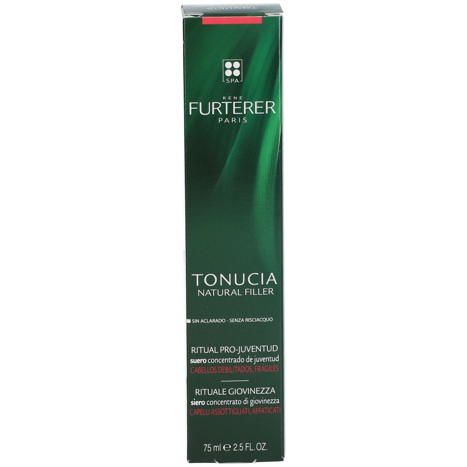 Confezione verde con nome del prodotto e del marchio. Testo multilingue. Striscia rossa in alto.
