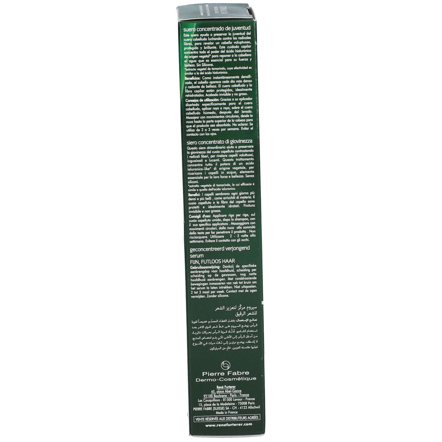 Retro della confezione verde. Testo multilingue. Informazioni del produttore e simboli.