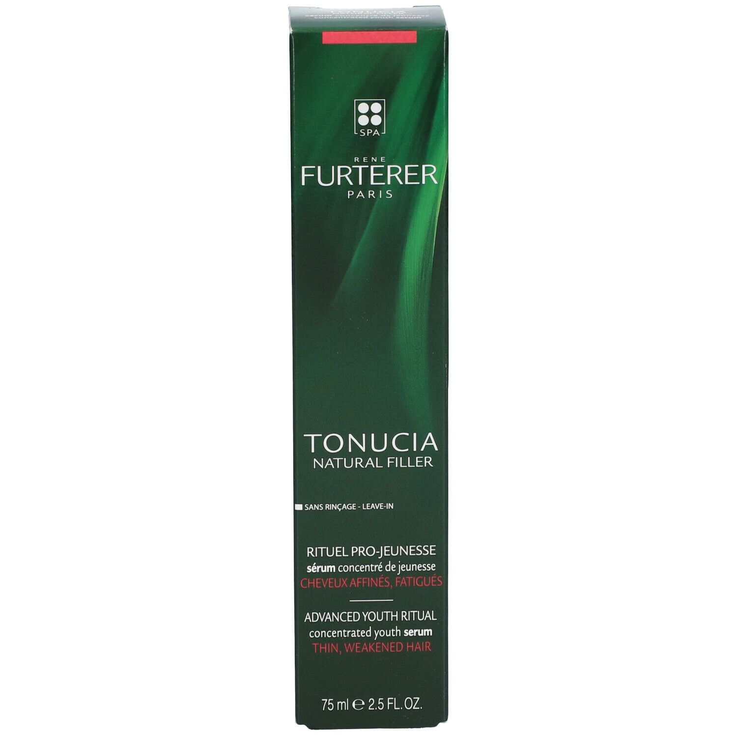 Confezione verde con nome del prodotto e del marchio. Testo multilingue. Striscia rossa in alto.