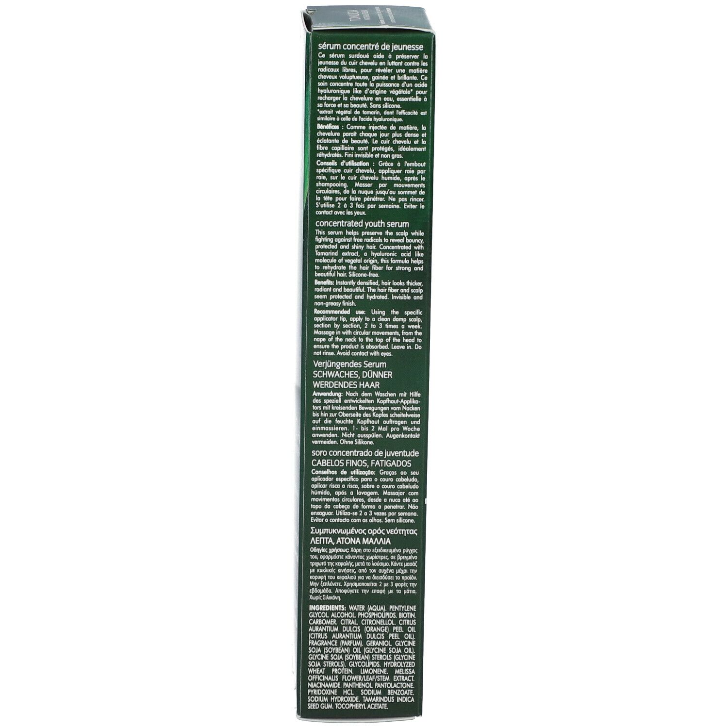 Retro della confezione verde. Testo multilingue. Informazioni del produttore e simboli.