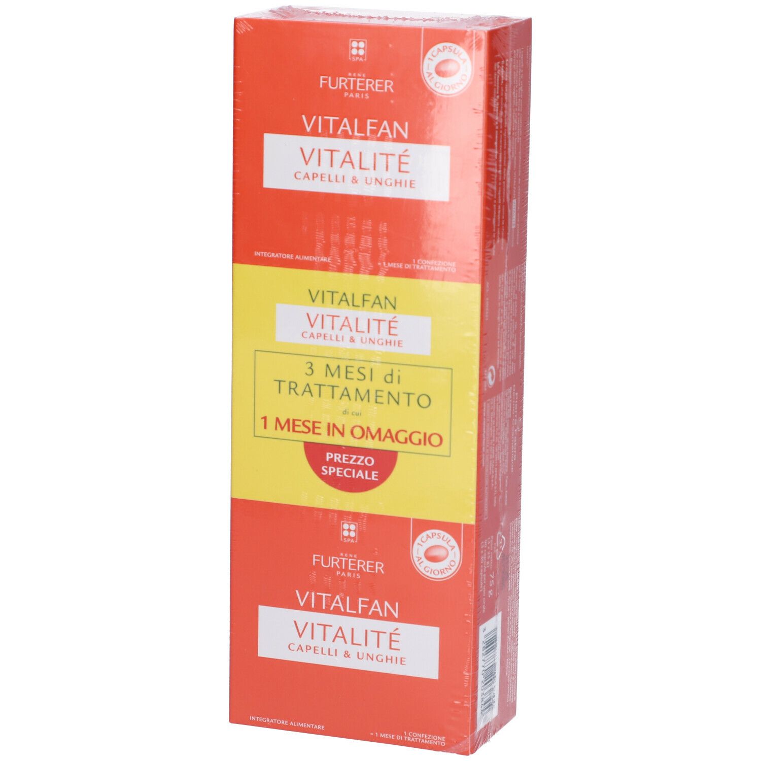 Confezione VITALFAN Vitalité Capelli & Unghie. Colori rosso e giallo, testo italiano. Offerta: 3 mesi di trattamento + 1 mese in omaggio.