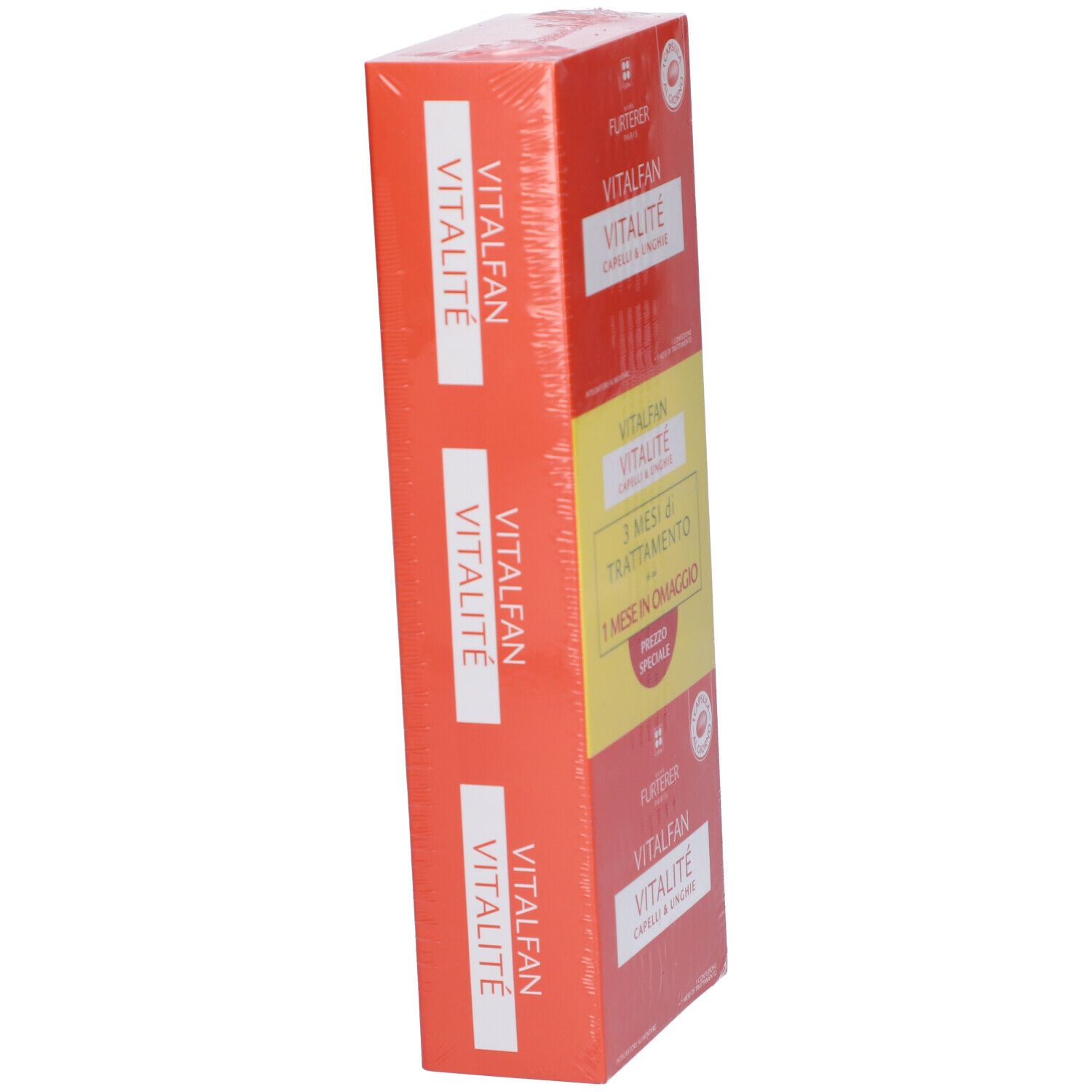 Confezione VITALFAN Vitalité Capelli & Unghie. Colori rosso e giallo, testo italiano. Vista laterale, confezionato in plastica.
