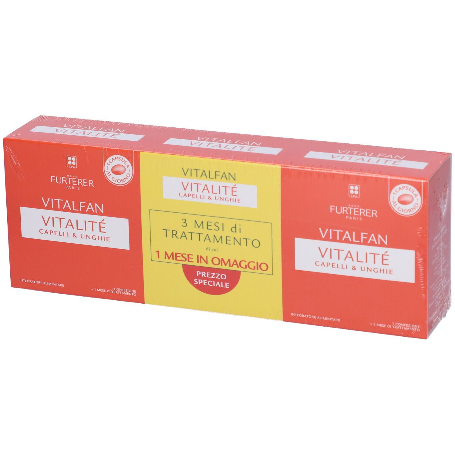 Tre confezioni VITALFAN Vitalité Capelli & Unghie affiancate. Colori rosso e giallo, testo italiano.