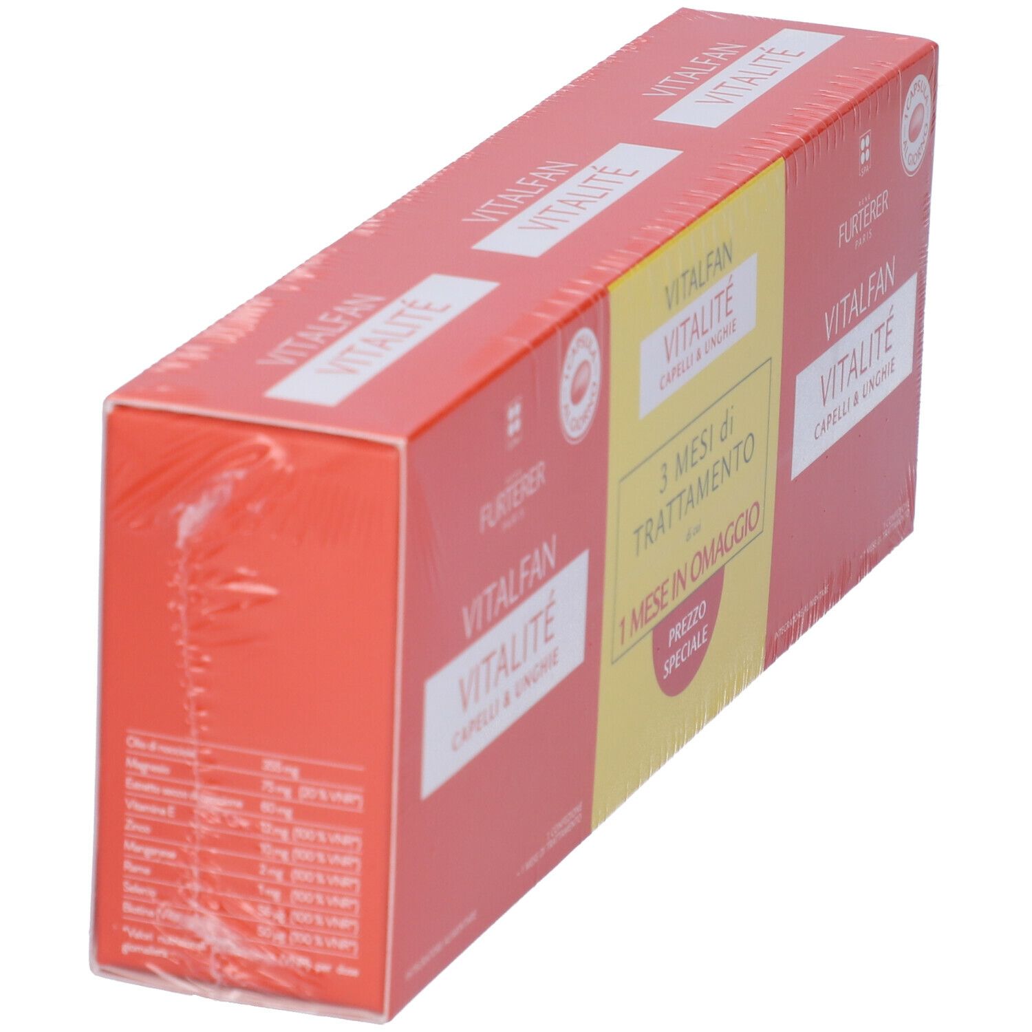 Confezione VITALFAN Vitalité Capelli & Unghie. Colori rosso e giallo, testo italiano. Vista obliqua, confezionato in plastica.