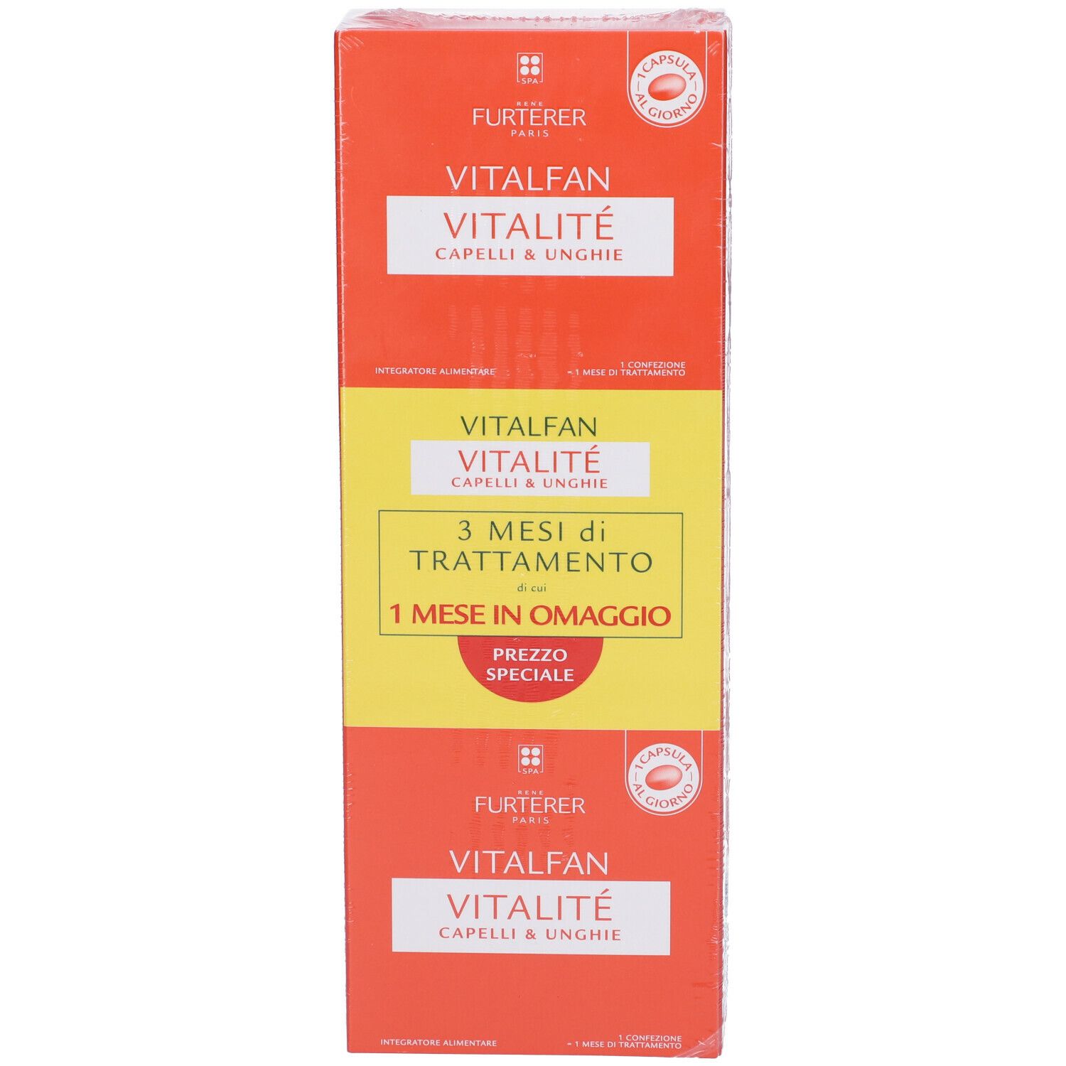 Confezione VITALFAN Vitalité Capelli & Unghie. Colori rosso e giallo, testo italiano. Offerta: 3 mesi di trattamento + 1 mese gratis.