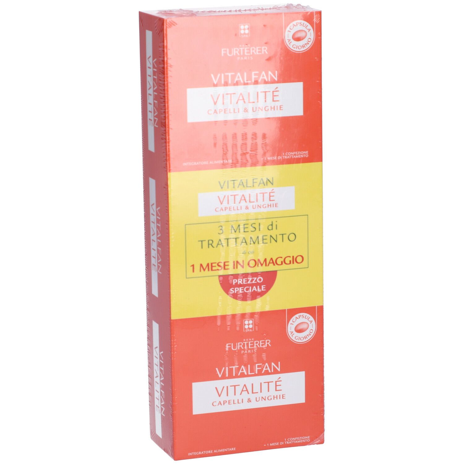 Confezione VITALFAN Vitalité Capelli & Unghie. Colori rosso e giallo, testo italiano. Più confezioni impilate.