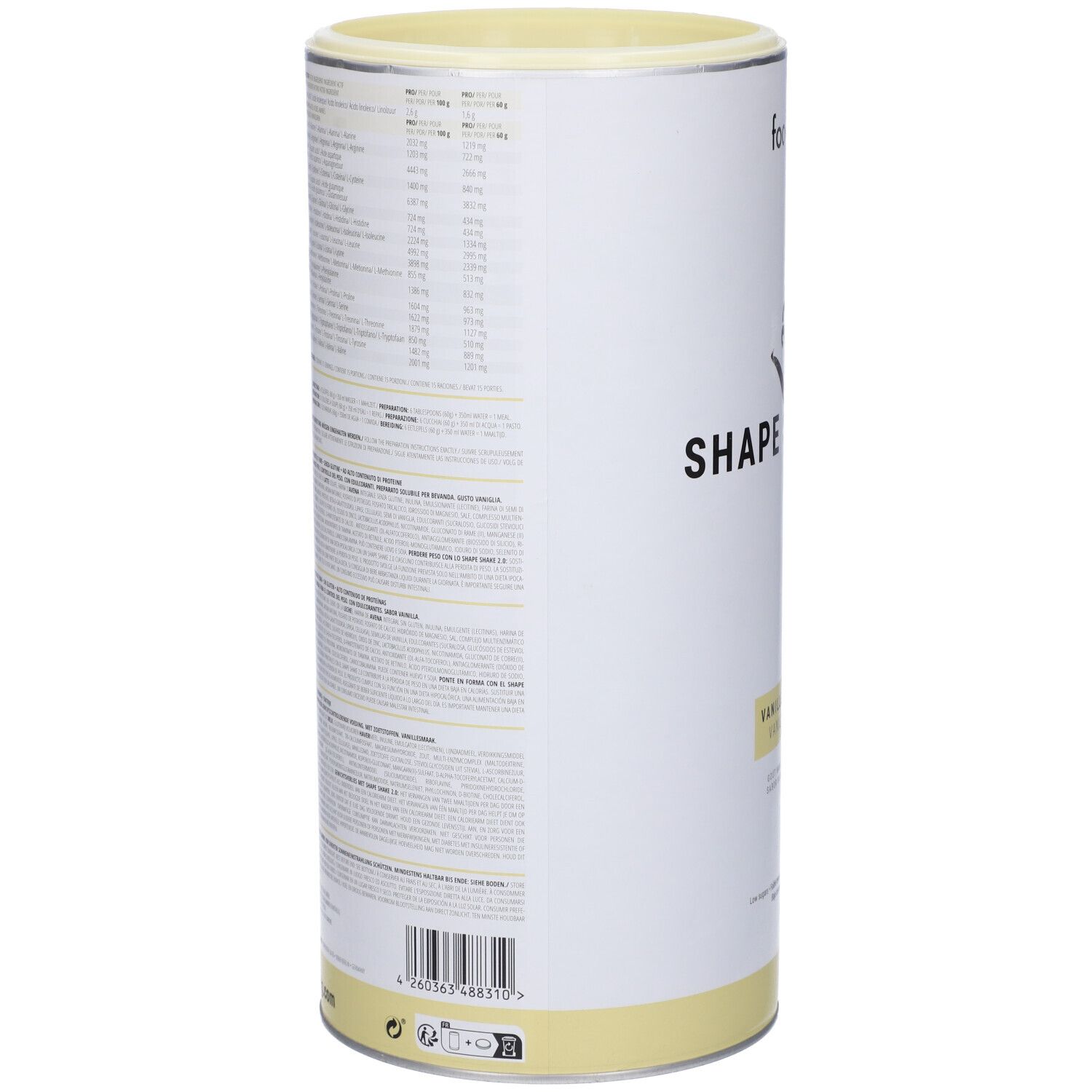 Barattolo cilindrico Foodspring Shape Shake 2.0. Retro con informazioni nutrizionali e testo. Codice a barre in basso.