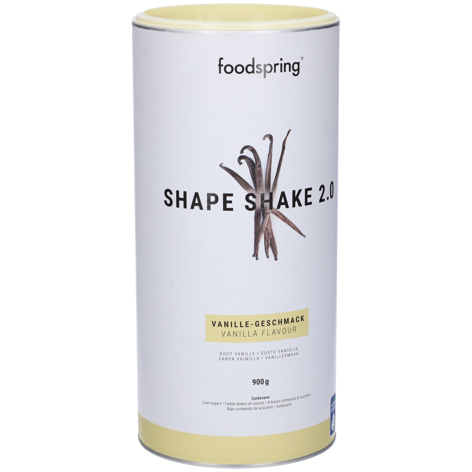 Barattolo cilindrico Foodspring Shape Shake 2.0 Vaniglia. Scritta: Gusto vaniglia, 900 g. Immagine di baccelli di vaniglia.