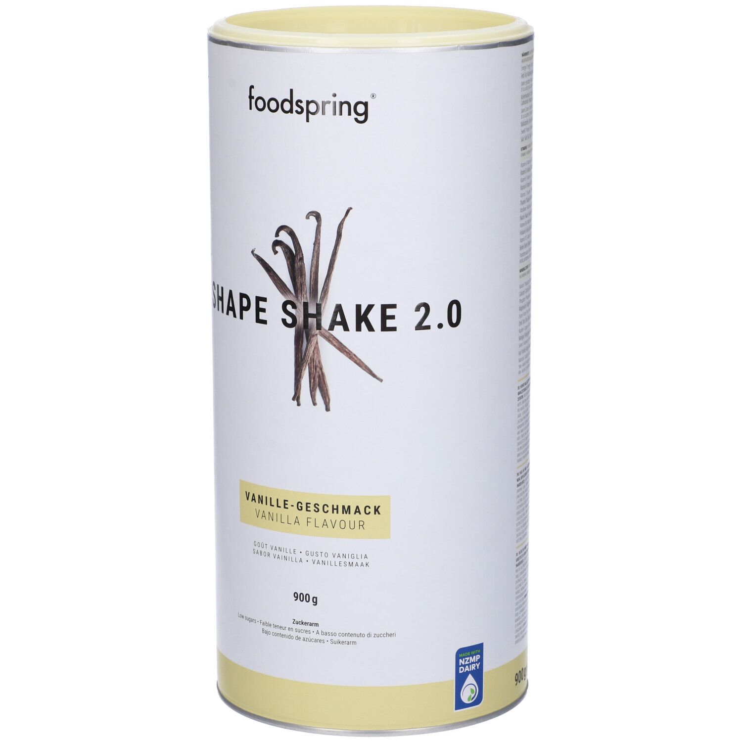 Barattolo cilindrico Foodspring Shape Shake 2.0 Vaniglia. Scritta: Gusto vaniglia, 900 g. Immagine di baccelli di vaniglia.