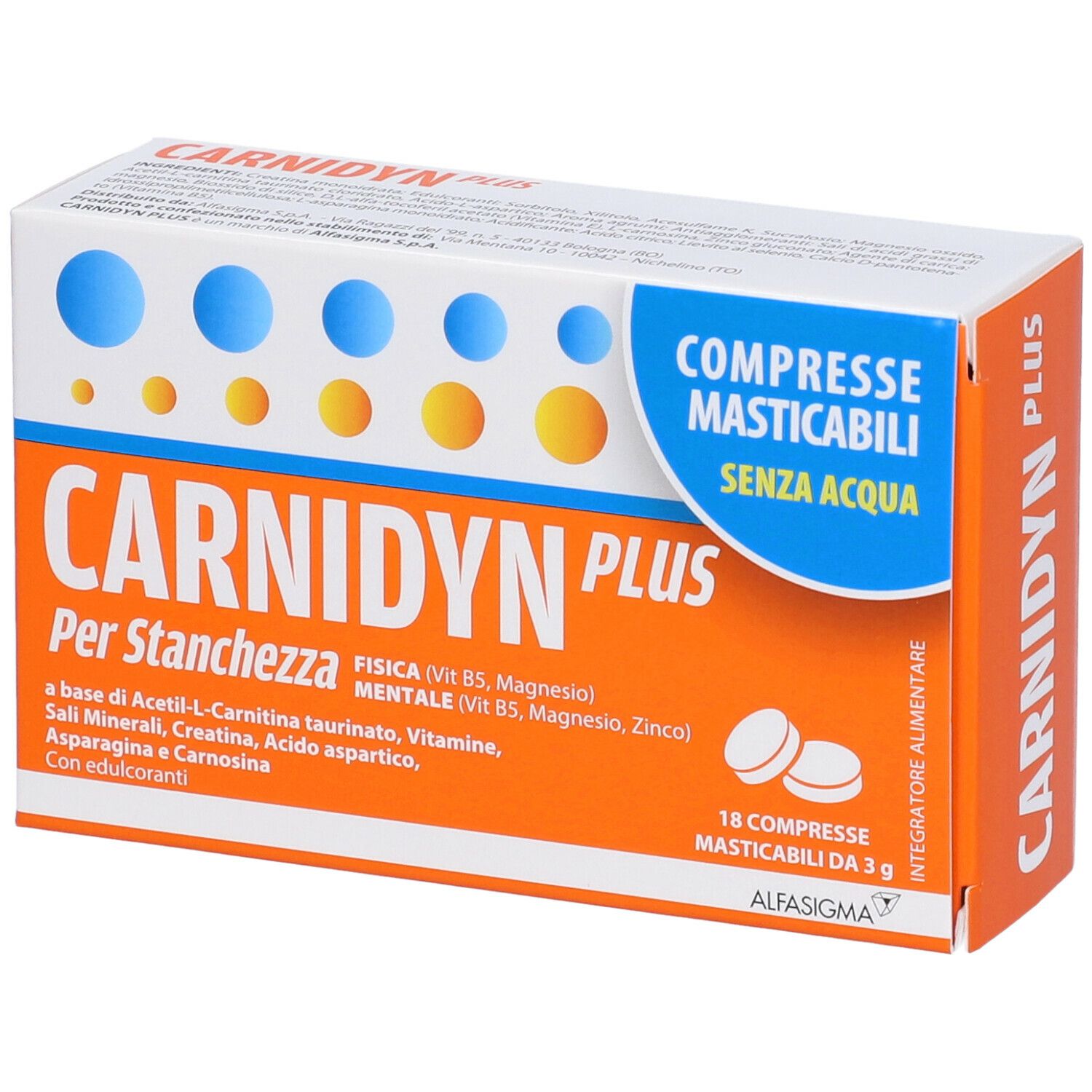 Confezione CARNIDYN PLUS. 18 compresse masticabili. Testo: Per Stanchezza. Confezione arancione e bianca.