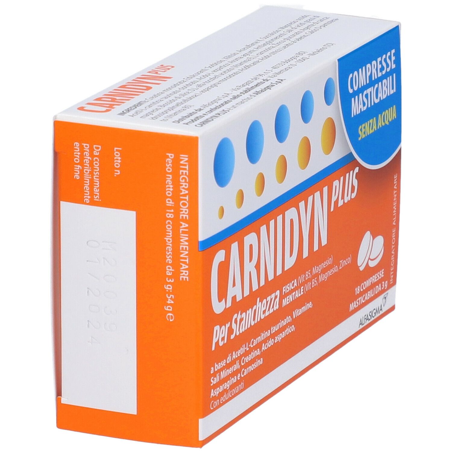 Confezione CARNIDYN PLUS. Retro con testo. 18 compresse masticabili. Confezione arancione e bianca.