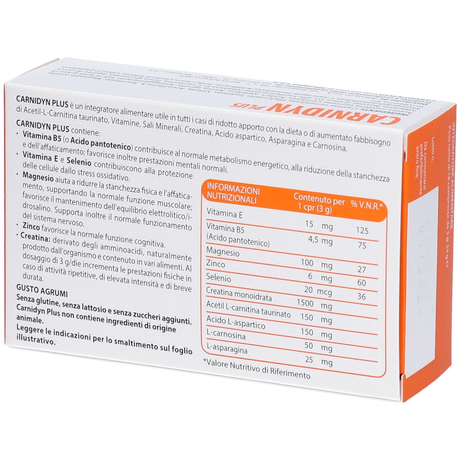 Confezione CARNIDYN PLUS. Retro con testo e tabella nutrizionale. Confezione arancione e bianca.
