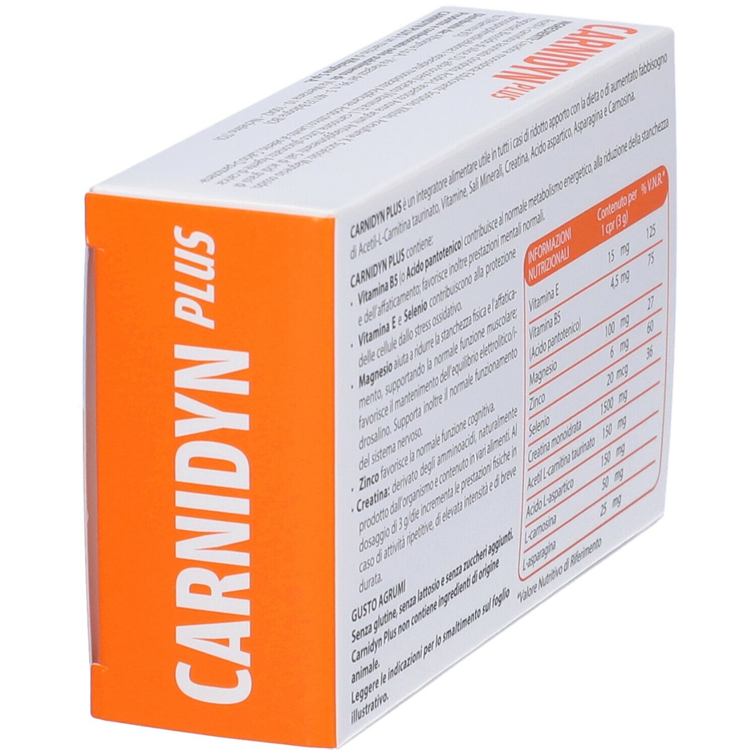 Confezione CARNIDYN PLUS. 18 compresse masticabili. Testo: Per Stanchezza. Confezione arancione e bianca.