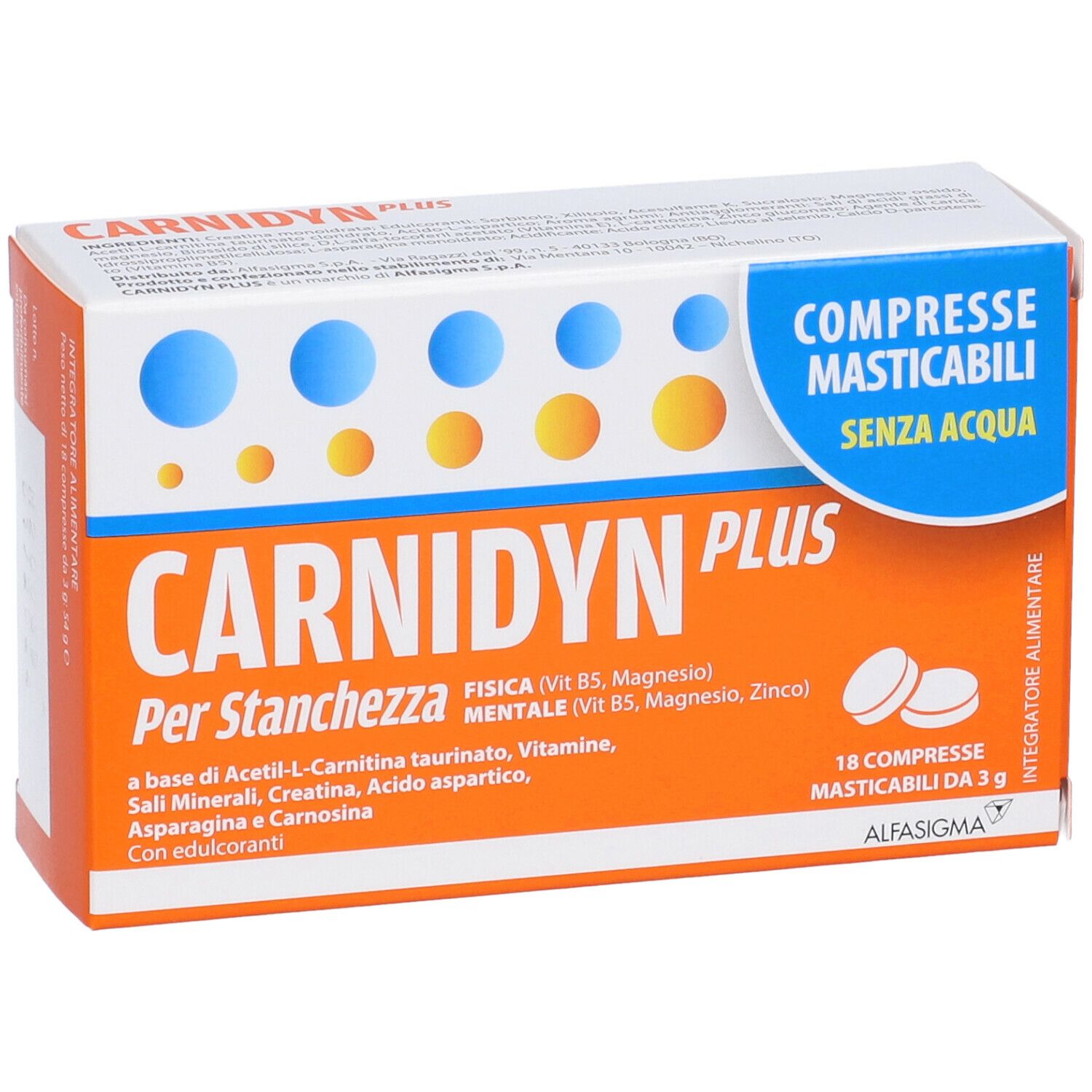Confezione CARNIDYN PLUS. 18 compresse masticabili. Testo: Per Stanchezza. Confezione arancione e bianca.