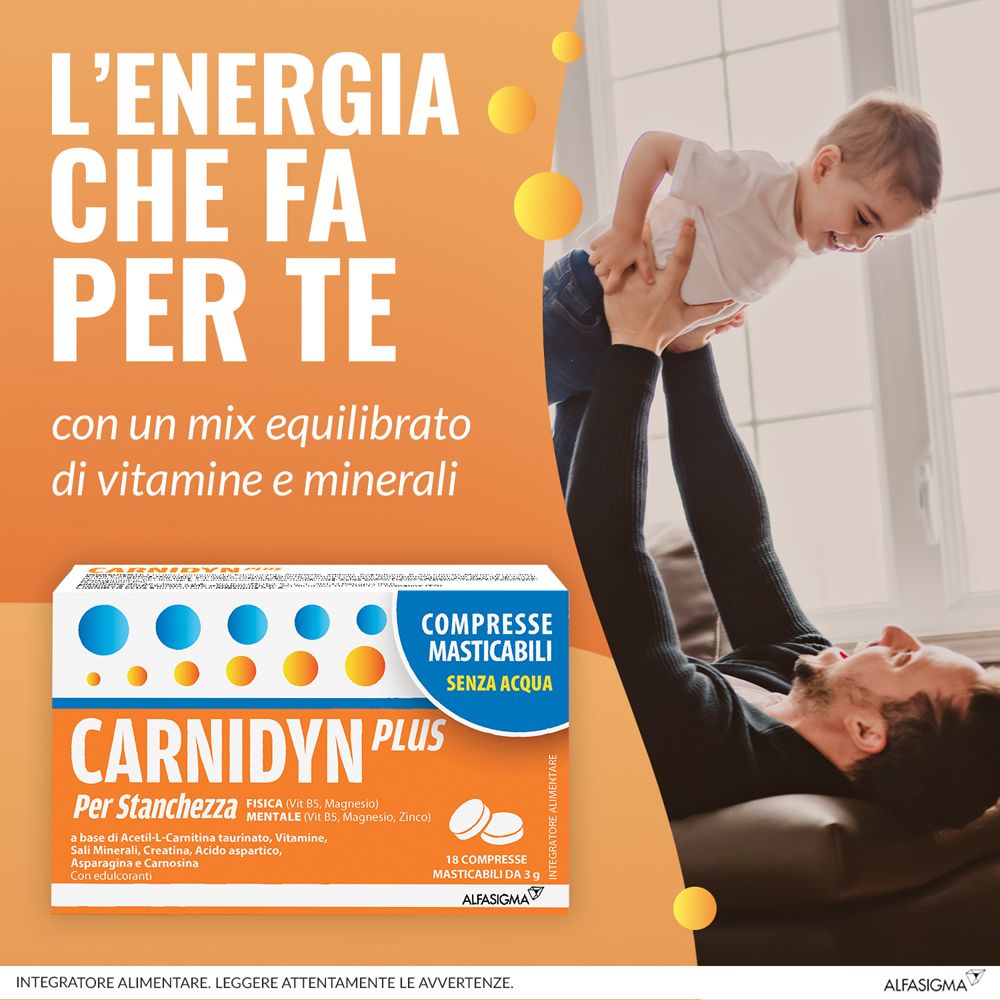 Pubblicità con uomo e bambino. Confezione CARNIDYN PLUS. Testo: L'energia che fa per te. Sfondo arancione.