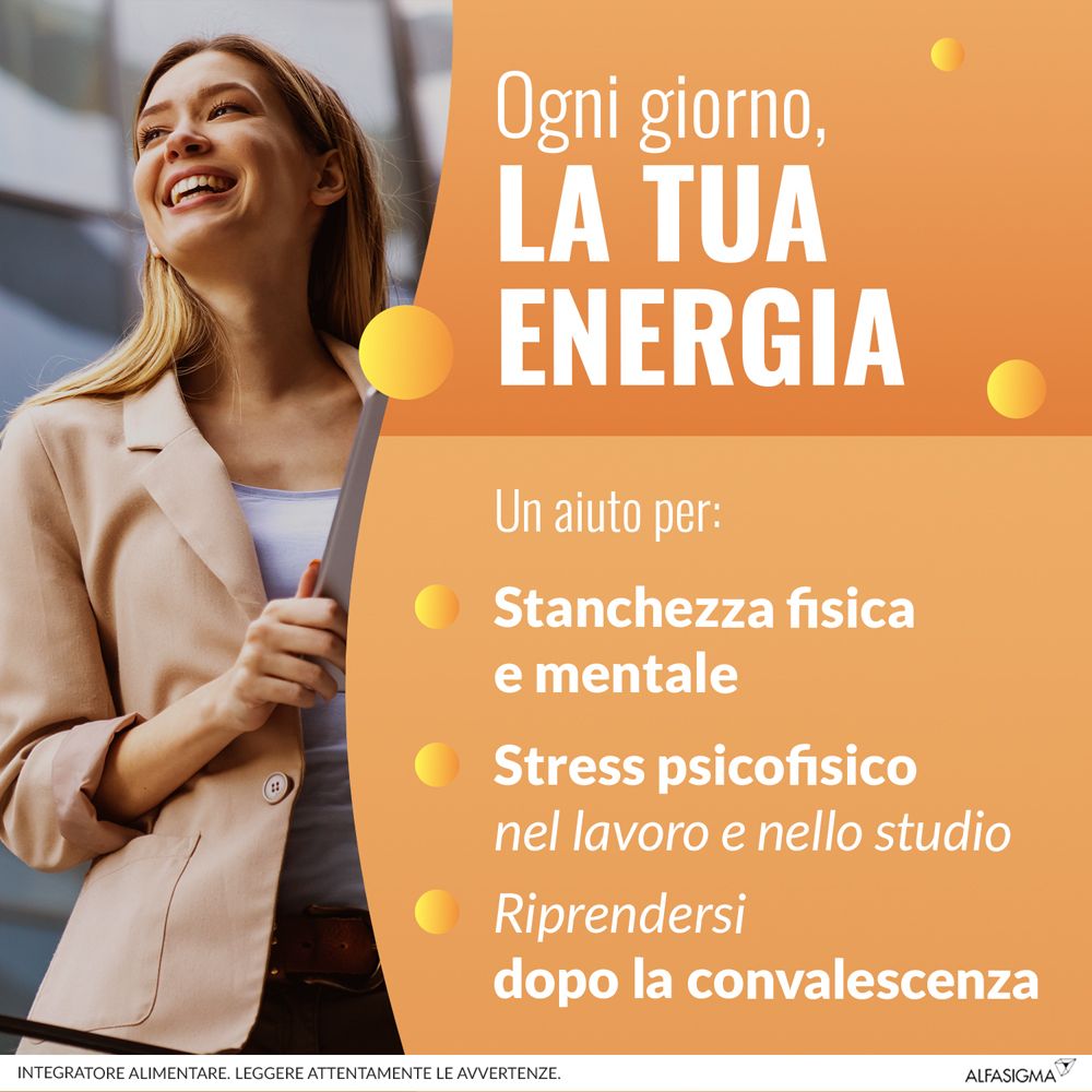 Donna sorridente. Testo: Ogni giorno, LA TUA ENERGIA. Aiuto per: Stanchezza fisica e mentale, Stress, Riprendersi. Arancione.