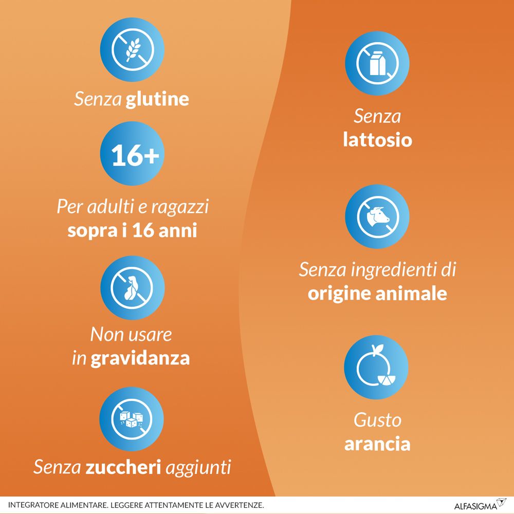 Infografica con icone. Senza glutine, lattosio, ingredienti animali, zuccheri aggiunti. Gusto: arancia. Arancione.