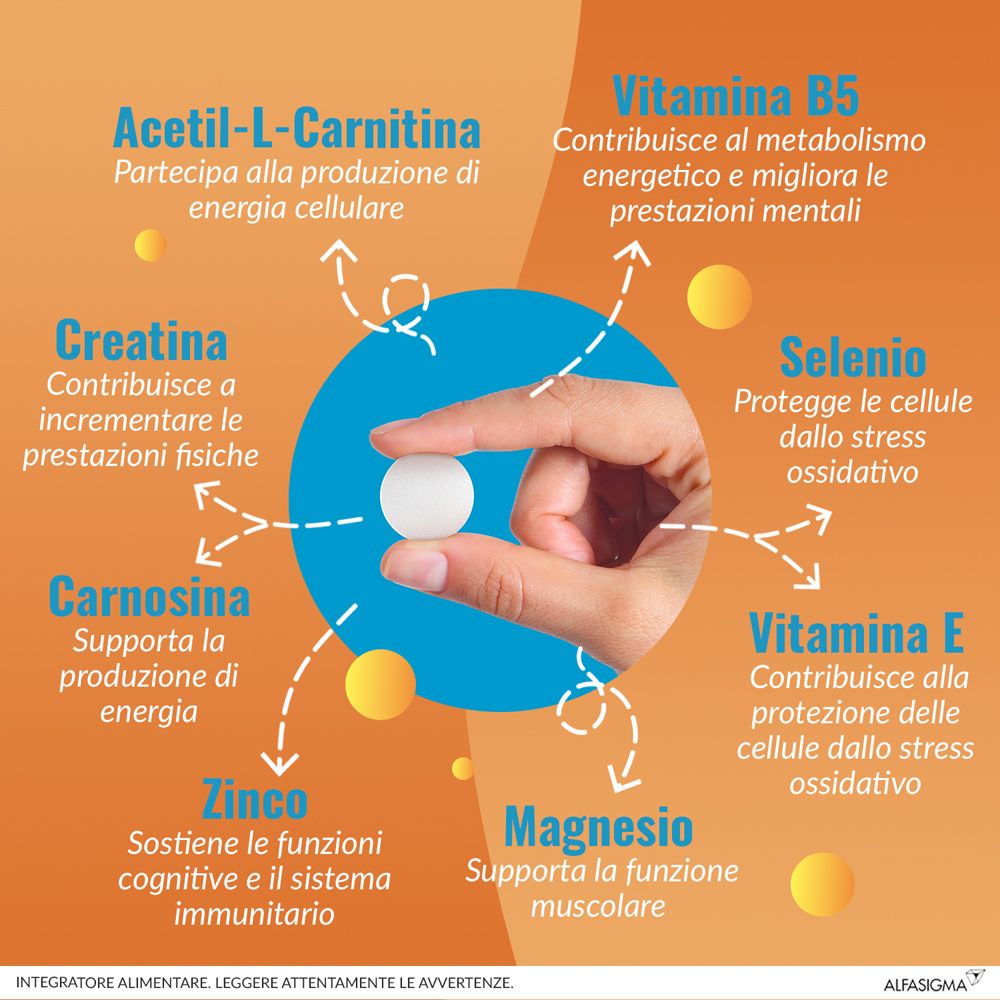 Mano che tiene una compressa. Infografica con ingredienti: Acetil-L-Carnitina, vitamine, minerali. Sfondo arancione.