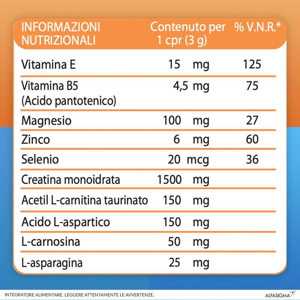 Tabella nutrizionale. Ingredienti: Vitamina E, B5, magnesio, zinco, selenio, creatina, carnitina, acido aspartico, carnosina.