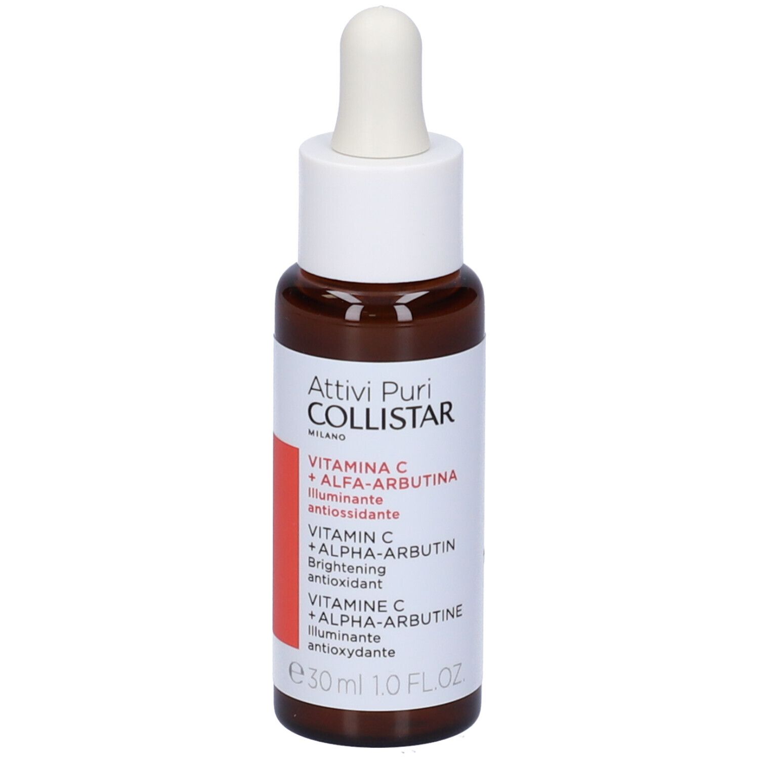 Flacone marrone con tappo bianco e pipetta. Etichetta con nome del prodotto e ingredienti. 30 ml.