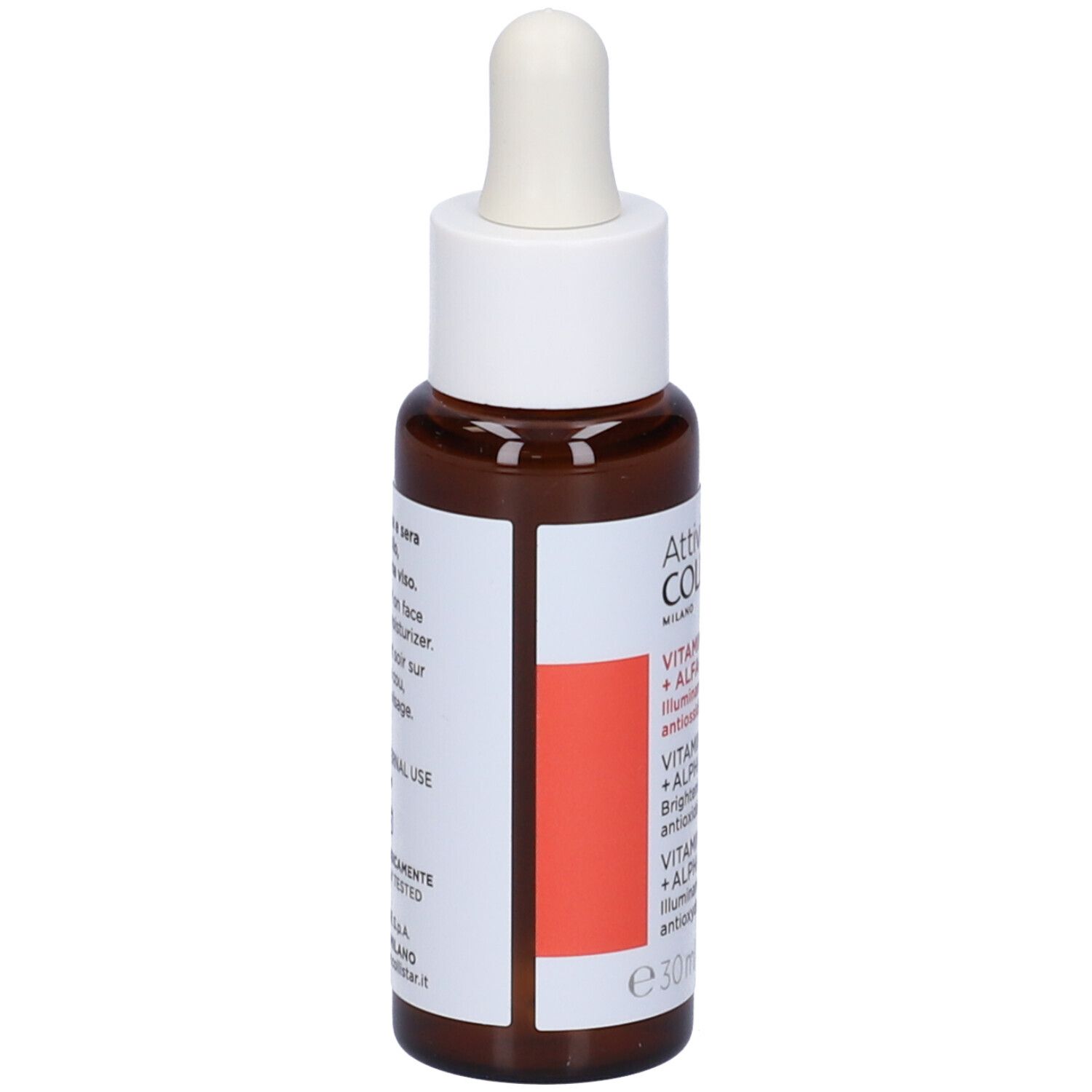 Flacone marrone con tappo bianco e pipetta. Etichetta con nome del prodotto e ingredienti. 30 ml.