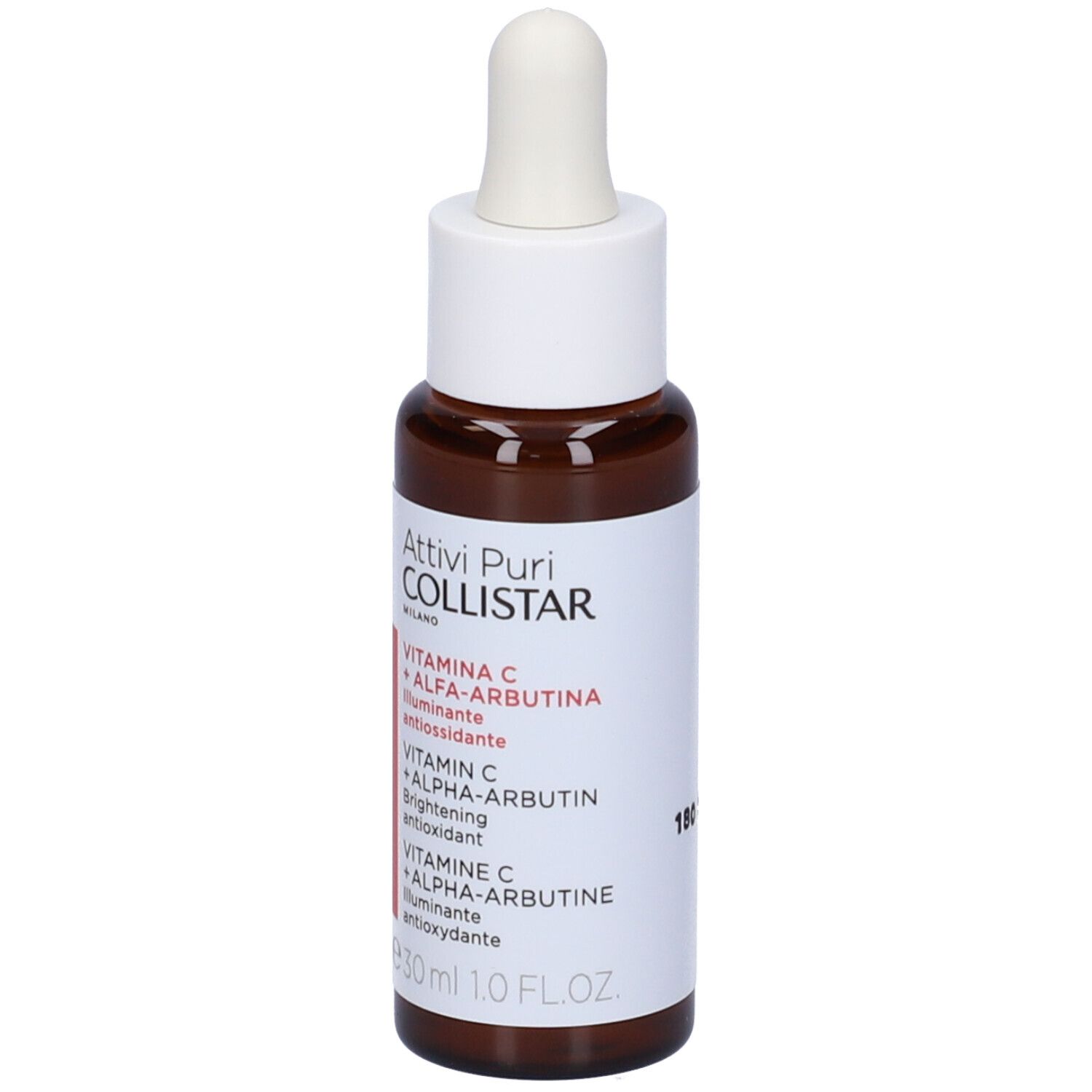 Flacone marrone con tappo bianco e pipetta. Etichetta con nome del prodotto e ingredienti. 30 ml.