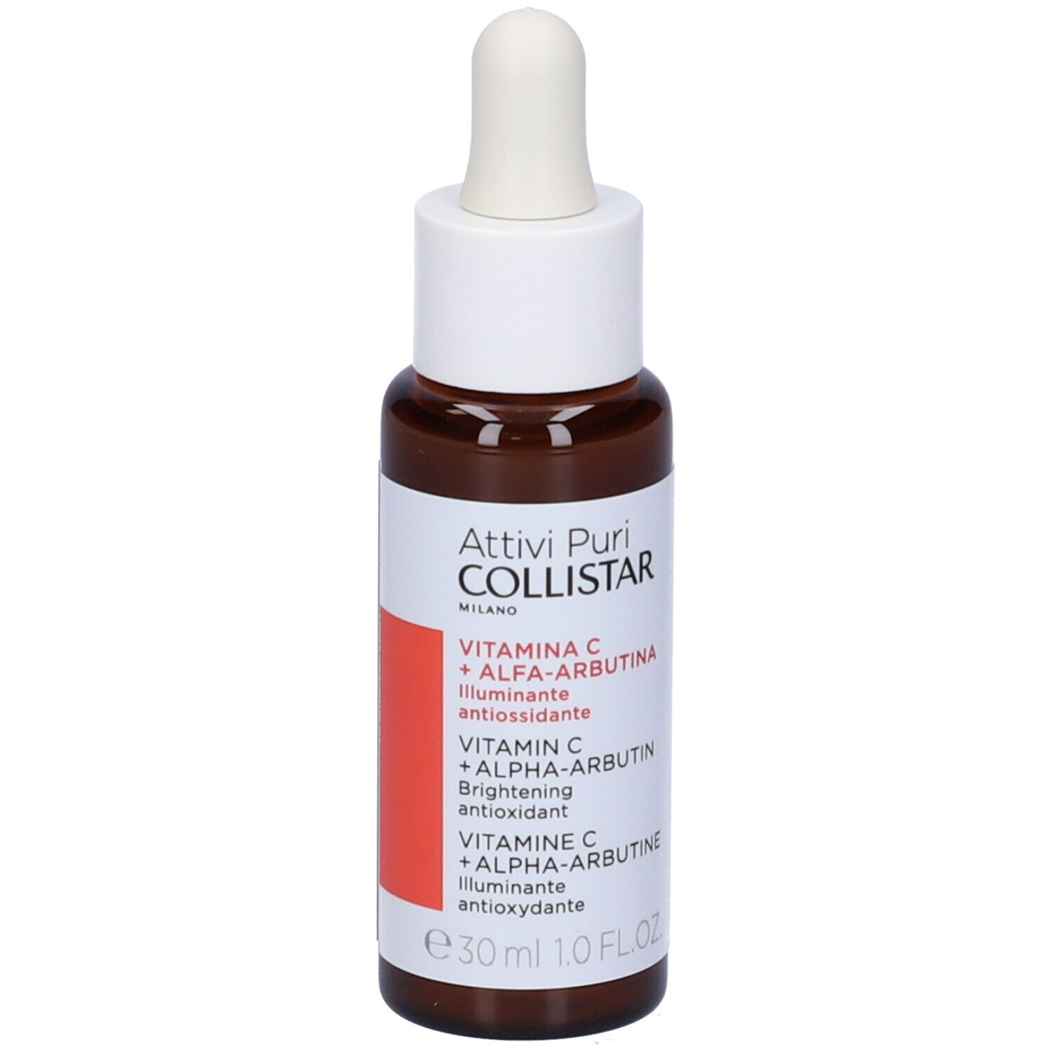 Flacone marrone con tappo bianco e pipetta. Etichetta con nome del prodotto e ingredienti. 30 ml.