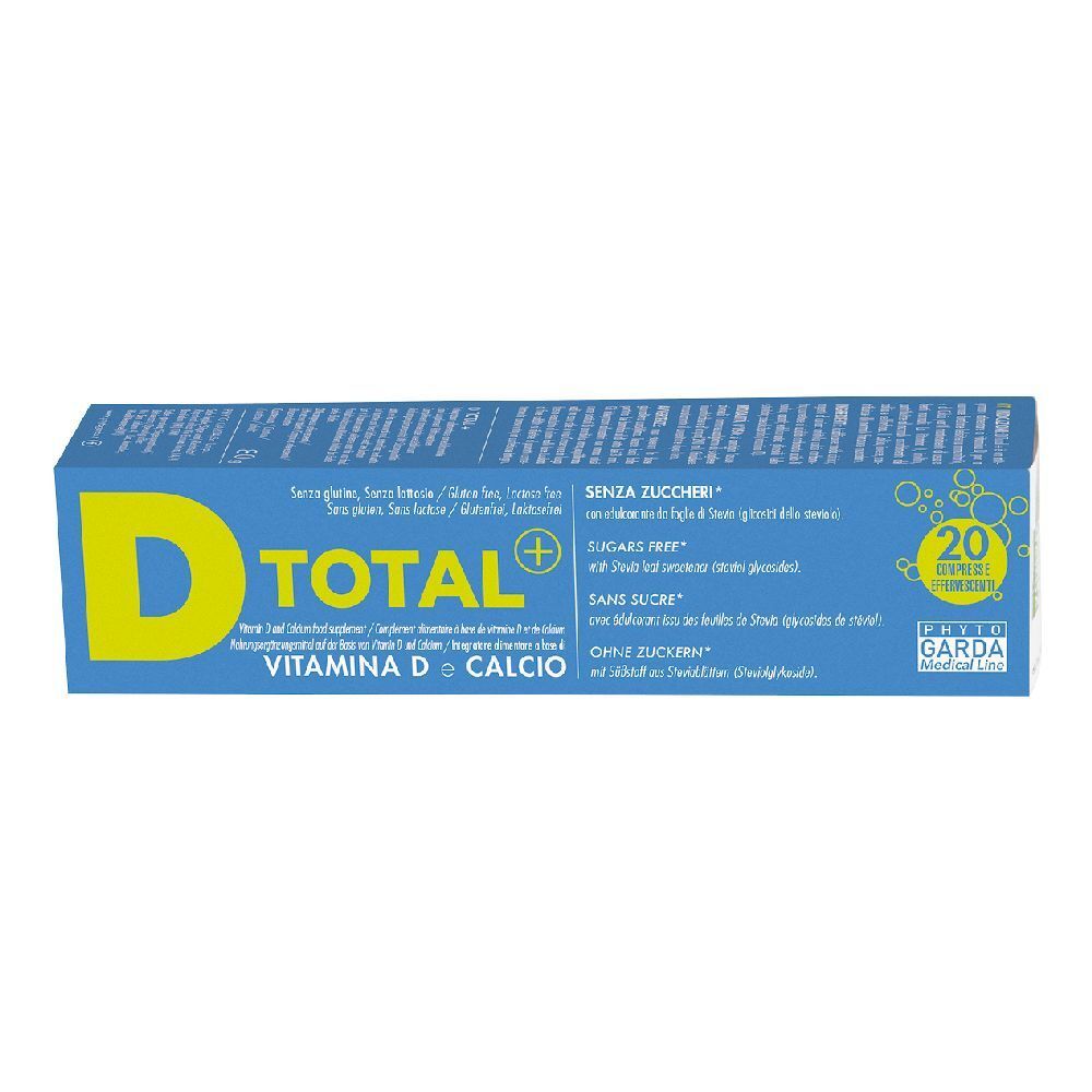 Scatola blu con scritta gialla D TOTAL+ VITAMINA D e Calcio. 20 compresse. Senza zuccheri.
