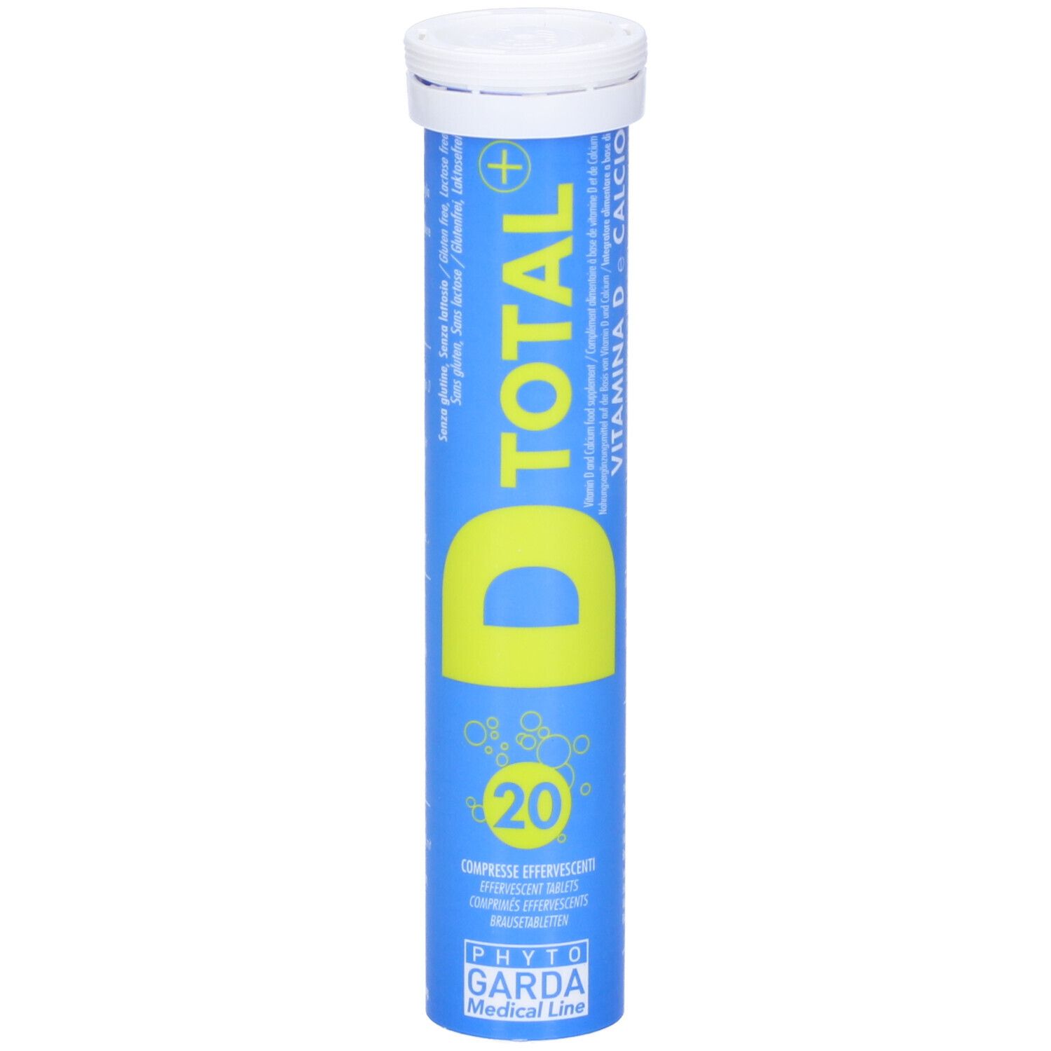 Tubo blu con tappo bianco. Scritta gialla D TOTAL+ VITAMINA D e Calcio. 20 compresse.