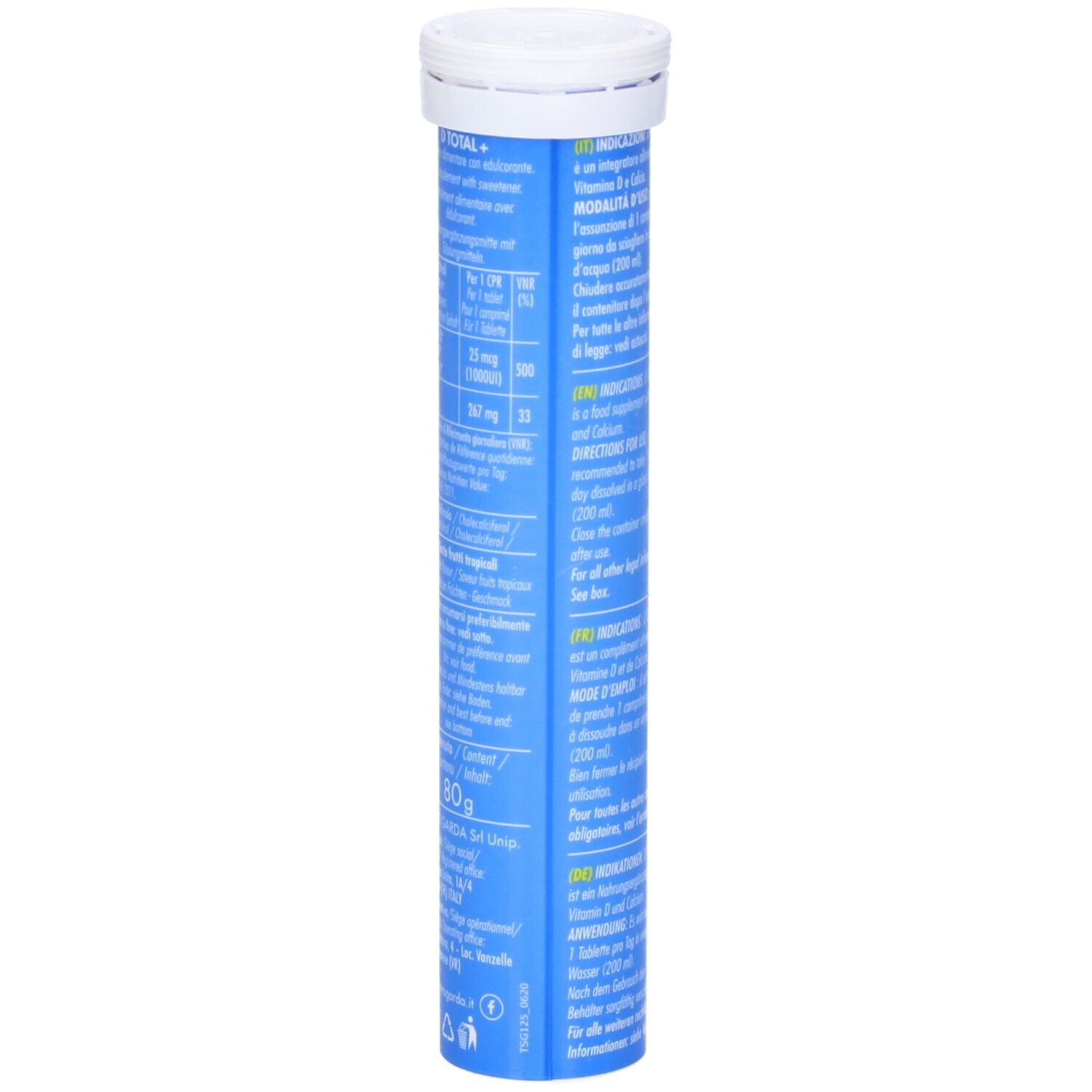 Tubo blu con tappo bianco. Testo D TOTAL+ VITAMINA D e Calcio. Informazioni e ingredienti.