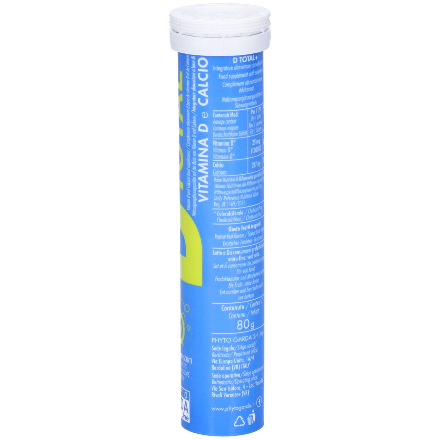 Tubo blu con tappo bianco. Testo D TOTAL+ VITAMINA D e Calcio. Informazioni e ingredienti.