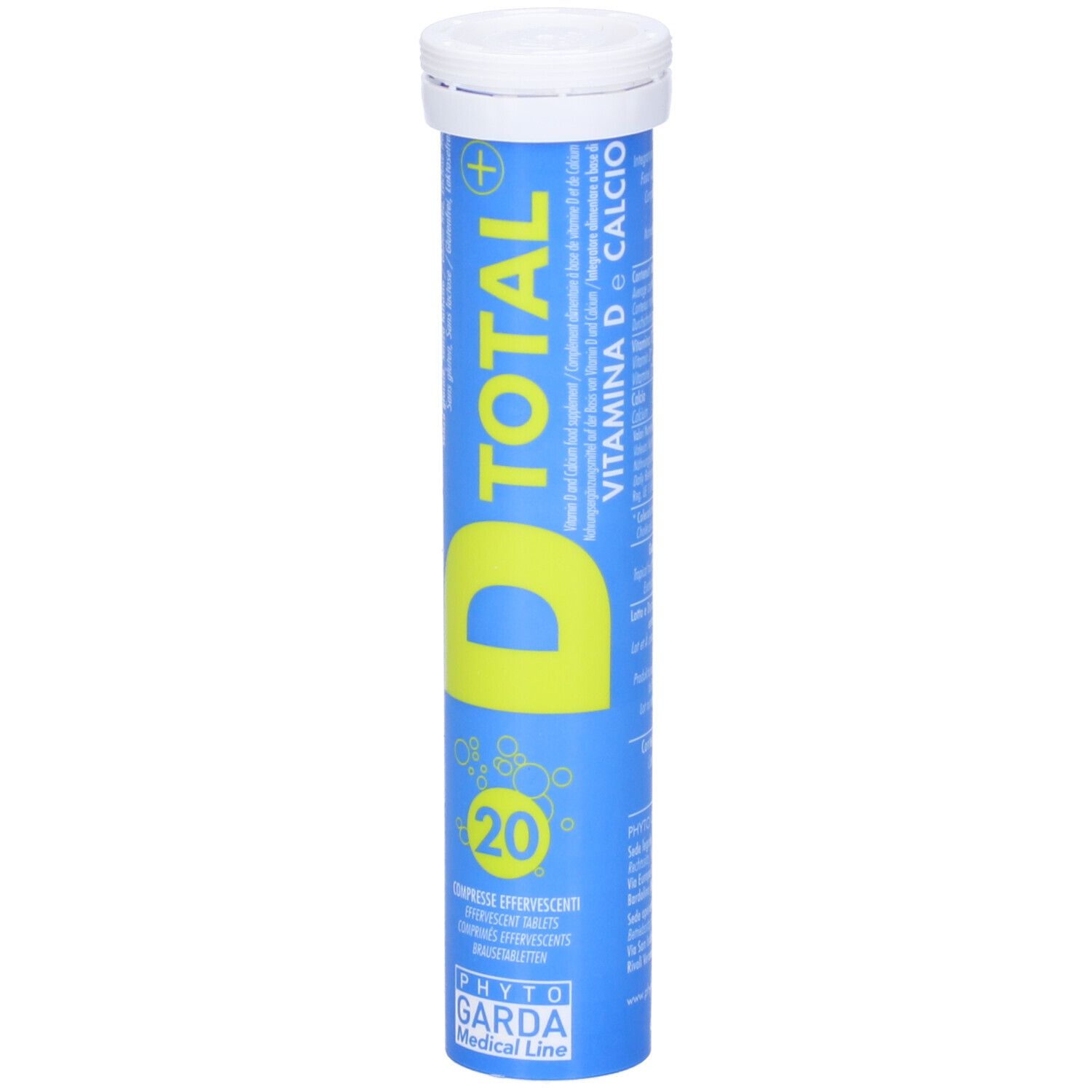 Tubo blu con tappo bianco. Testo D TOTAL+ VITAMINA D e Calcio. Informazioni e ingredienti.