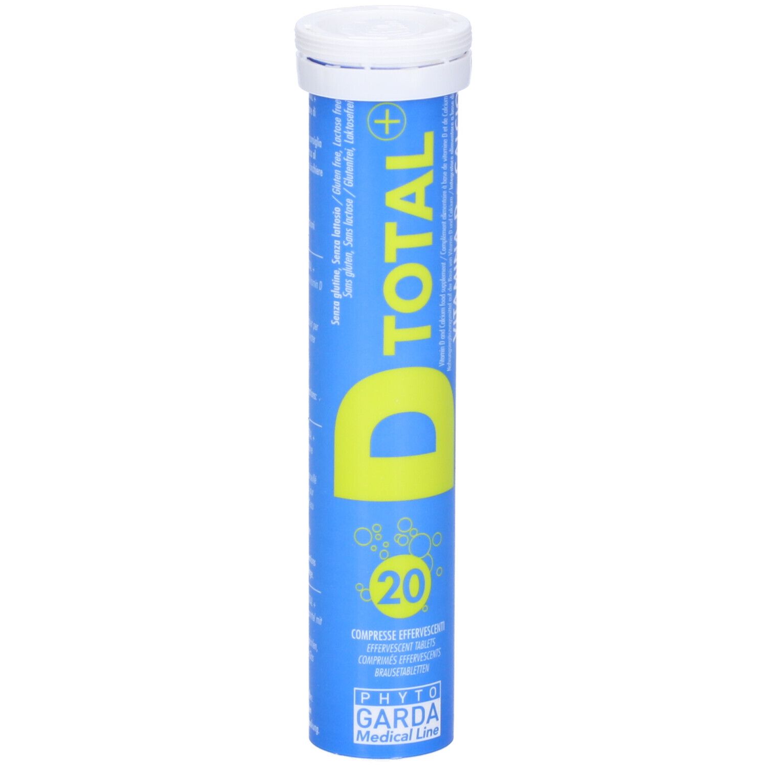 Tubo blu con tappo bianco. Scritta gialla D TOTAL+ VITAMINA D e Calcio. 20 compresse.