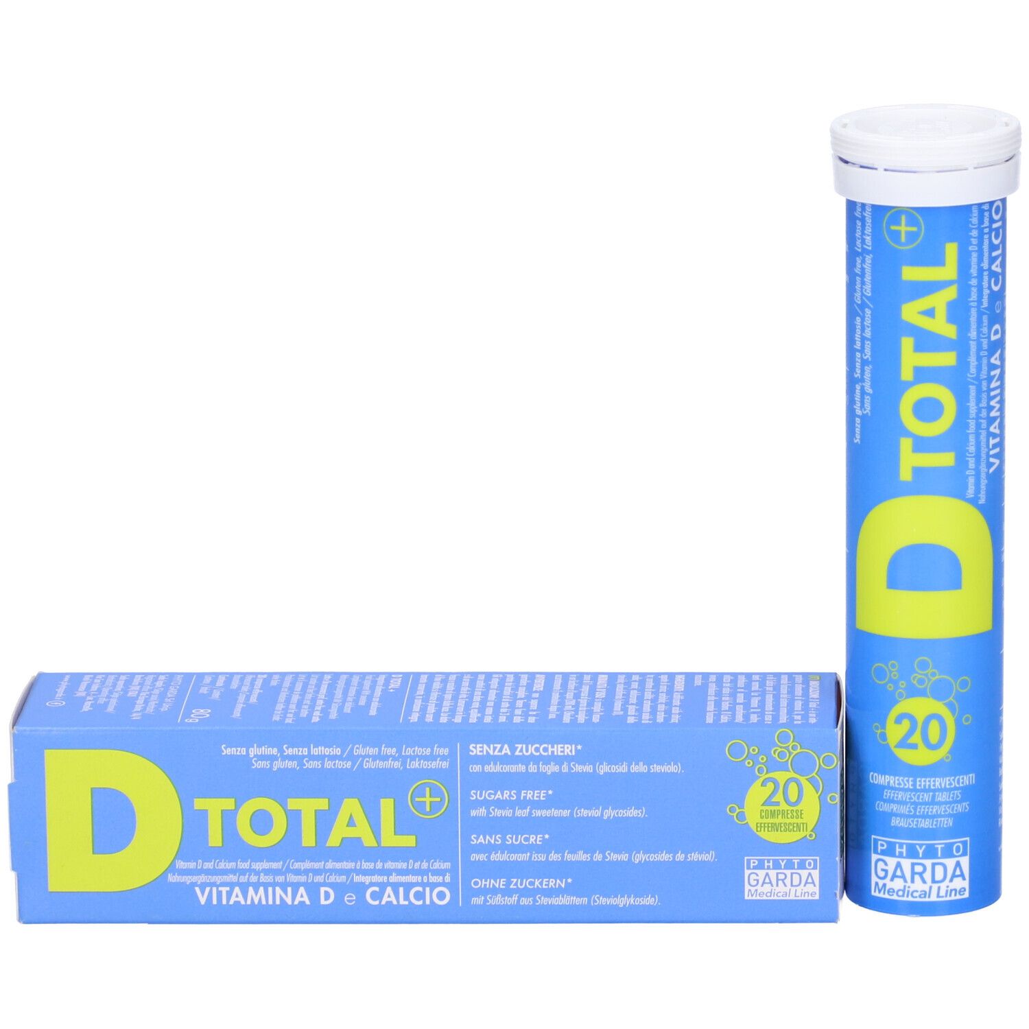Tubo blu con tappo bianco. Scritta gialla D TOTAL+ VITAMINA D e Calcio. 20 compresse.