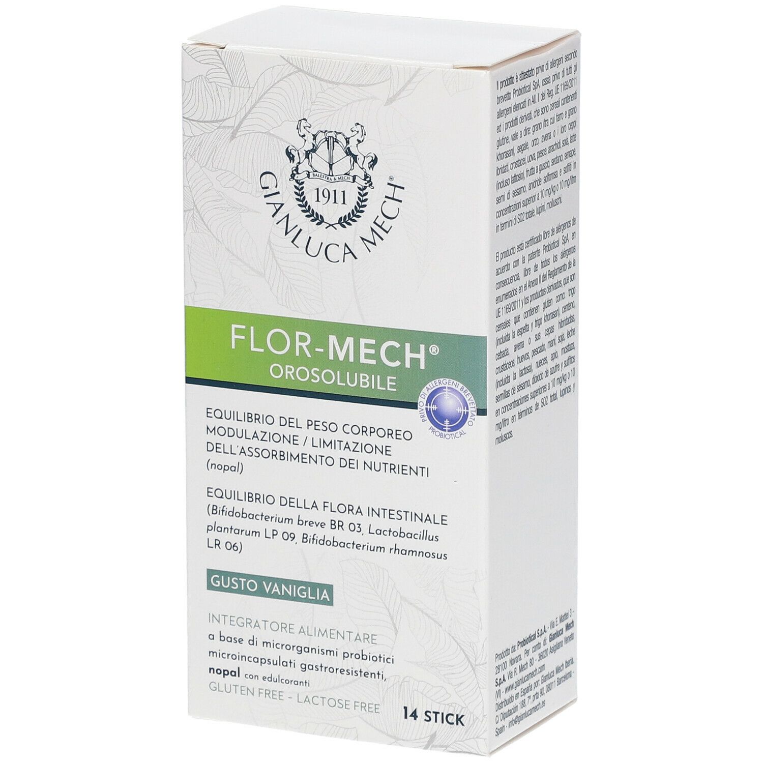 Scatola bianca con nome prodotto FLOR-MECH Orosolubile. Contiene 14 stick. Testo in italiano.