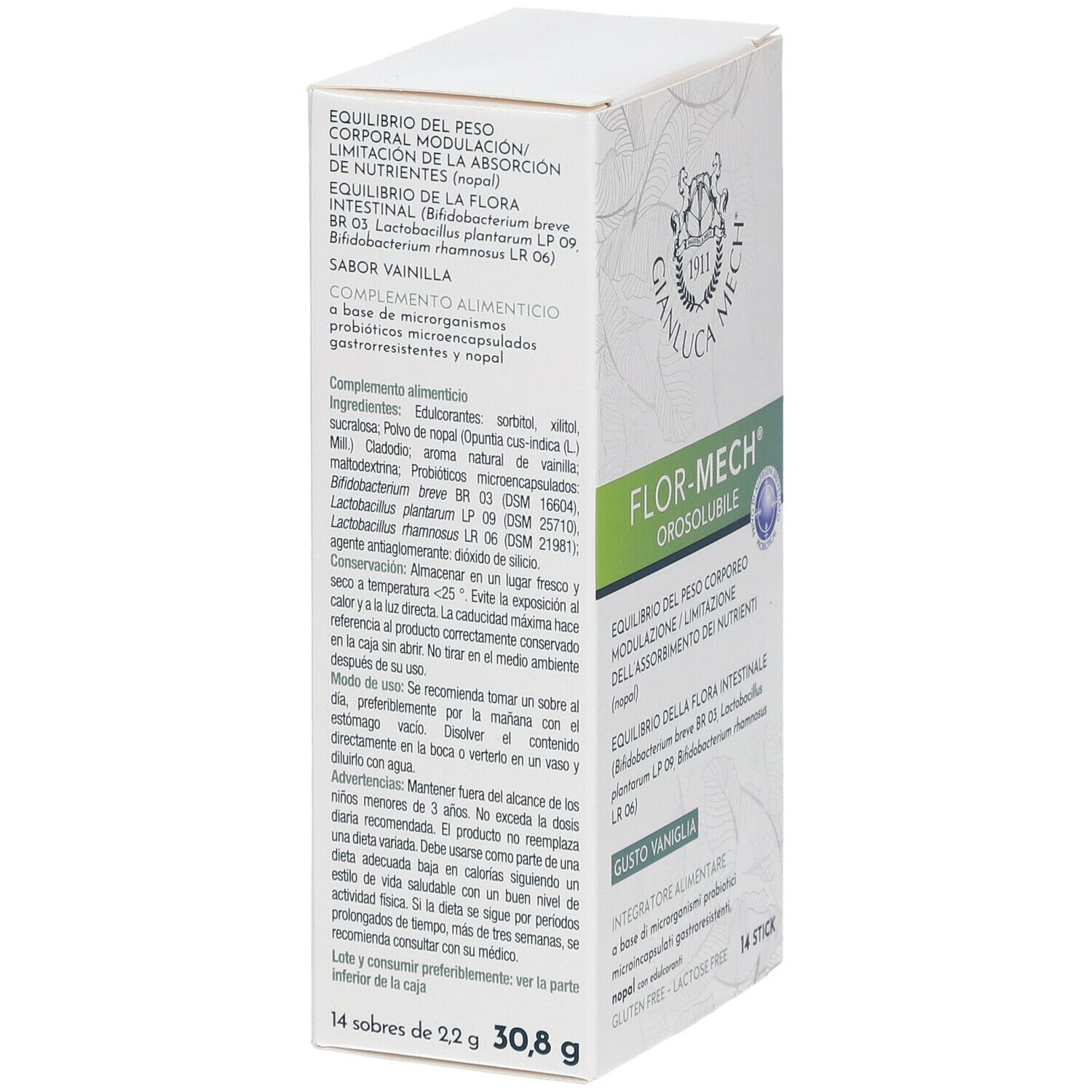 Scatola bianca FLOR-MECH Orosolubile. Contiene 14 stick. Testo in italiano. Vista laterale.