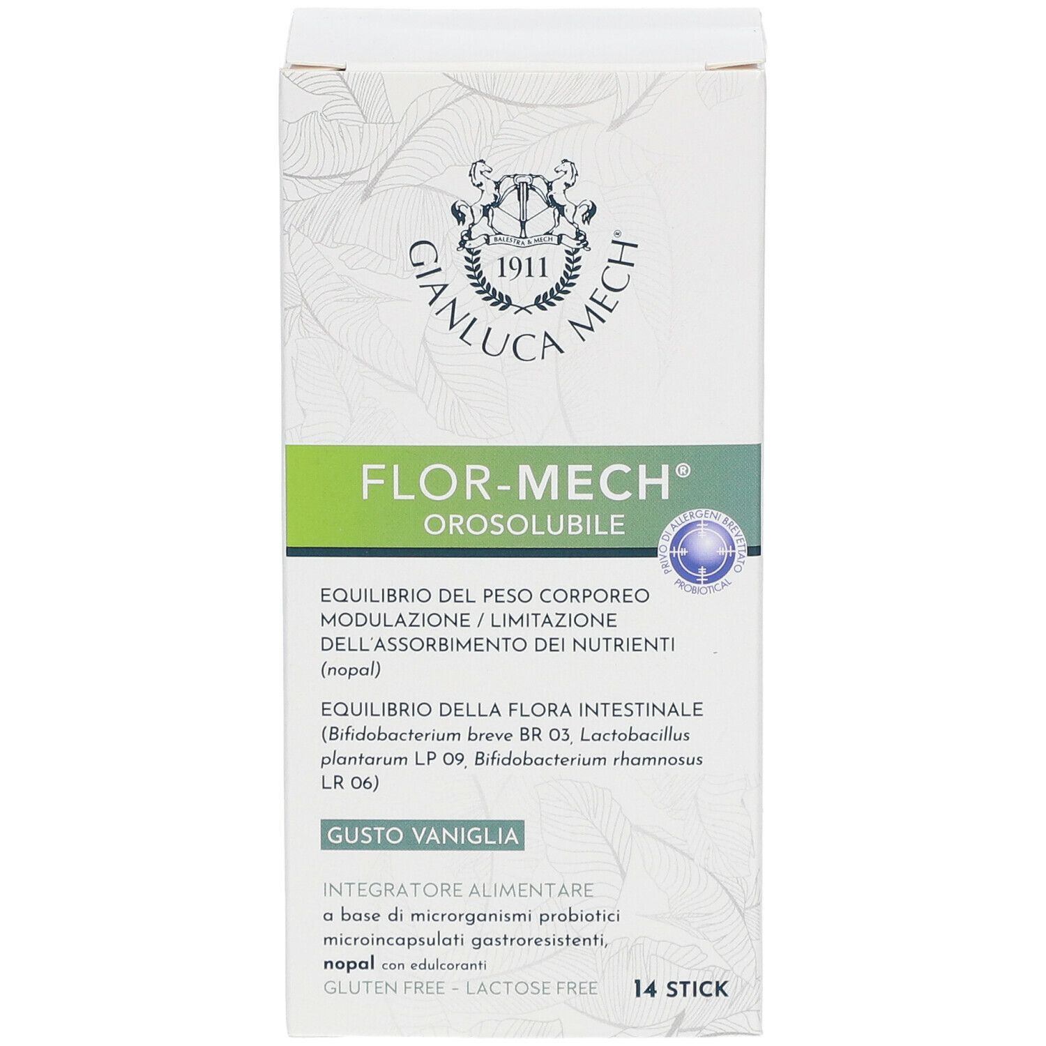 Scatola bianca con nome prodotto FLOR-MECH Orosolubile. Contiene 14 stick. Testo in italiano.