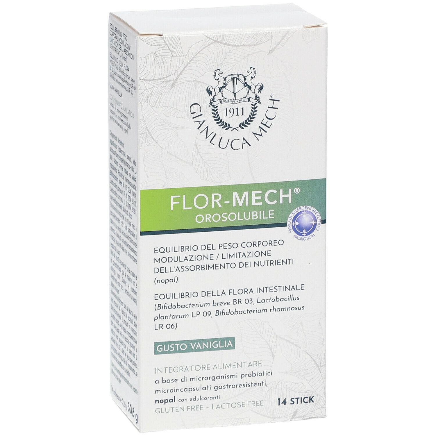 Scatola bianca con nome prodotto FLOR-MECH Orosolubile. Contiene 14 stick. Testo in italiano.