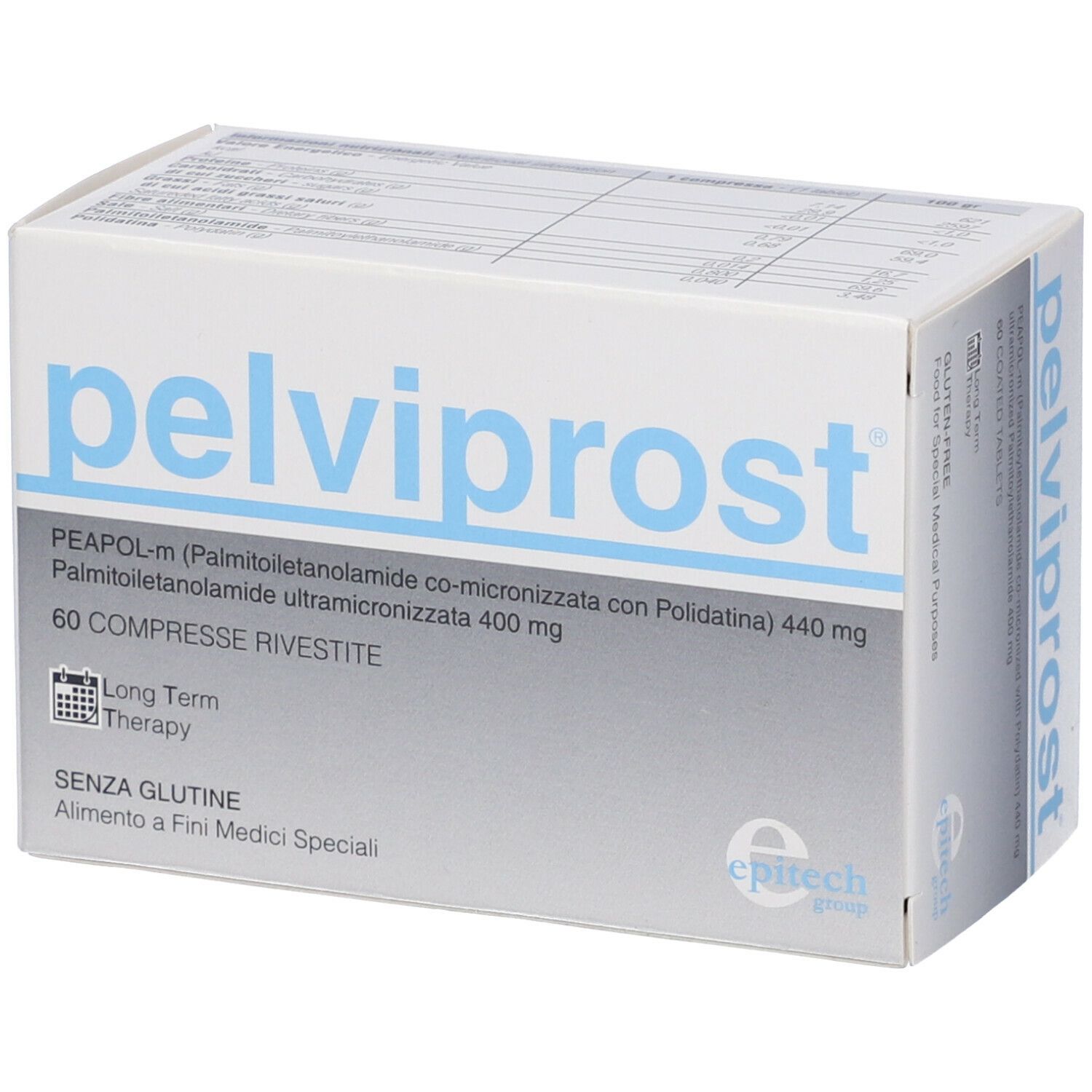 Scatola bianca con scritta blu "pelviprost". Contiene 60 compresse. Visibili "Senza glutine" e "epitech group".