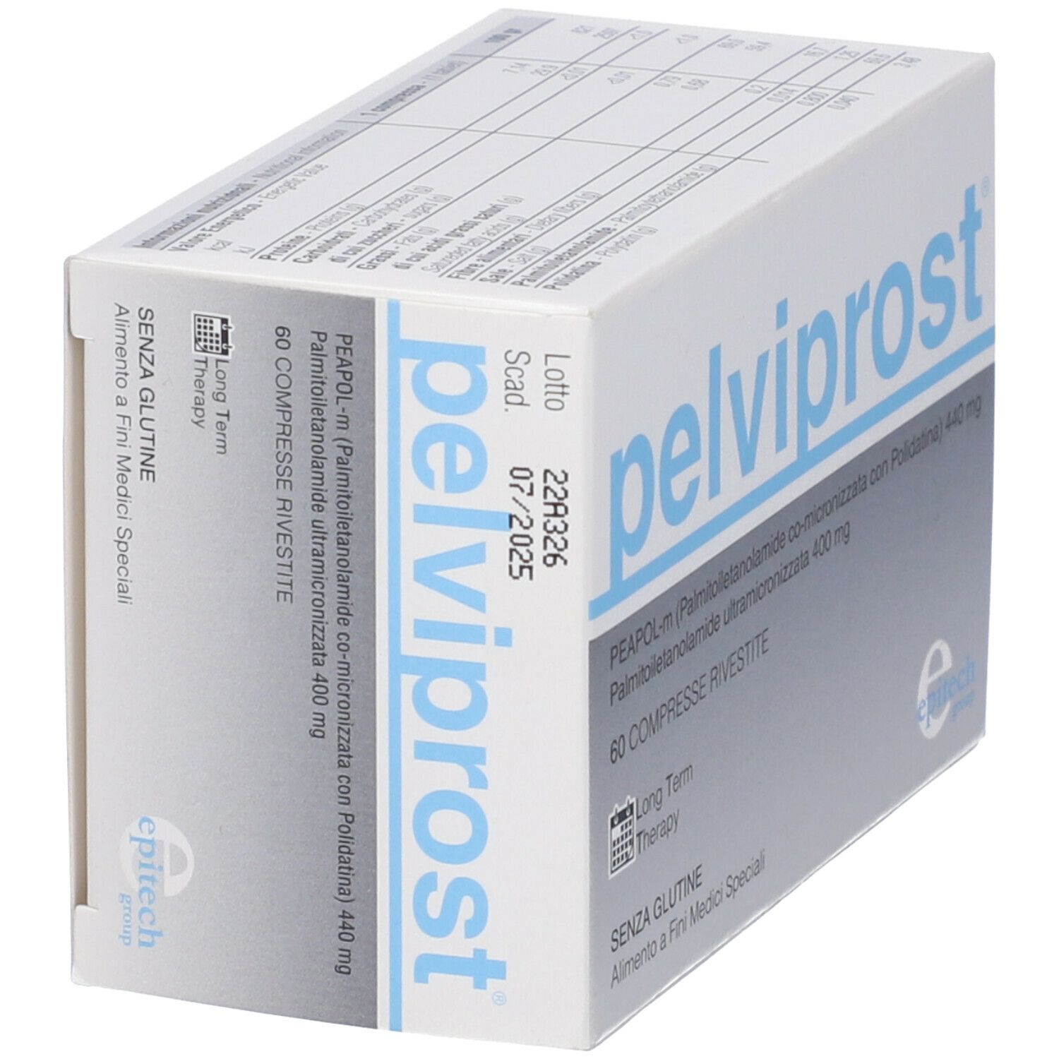 Scatola "pelviprost" con scritta blu. Contiene 60 compresse. Visibili "Senza glutine" e "epitech group". Scadenza 07/2025.