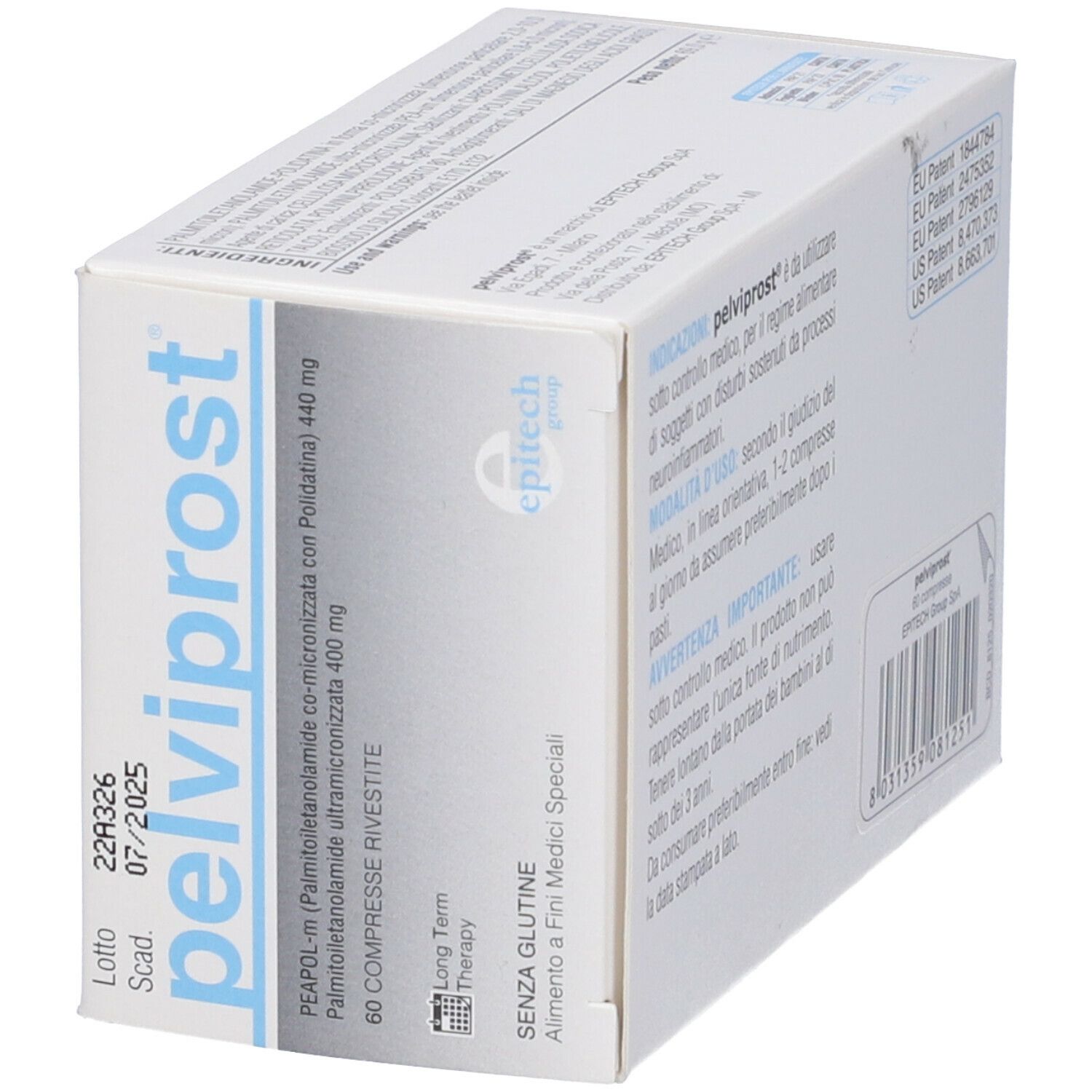 Scatola "pelviprost" con scritta blu. Contiene 60 compresse. Visibili "Senza glutine" e "epitech group". Scadenza 07/2025.